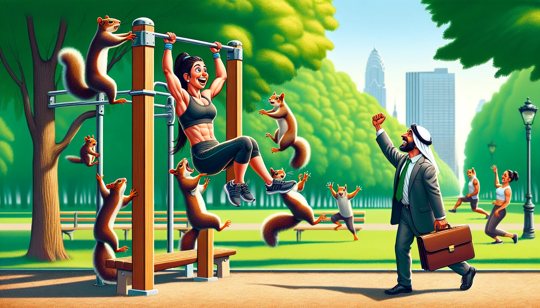 An amusing and realistic depiction of calisthenics back exercises. An enthusiastic Hispanic woman in workout gear joyfully performs a back lever on a pull-up bar at a public park. She finds herself accompanied by a group of friendly squirrels imitating her movements on the tree branches above. Unexpectedly, a Middle-Eastern man passing by, dressed in a business suit and holding a briefcase, can't help but join in performing a human flag on a nearby pole. The overall imagery inspiring a sense of fun and motivation to engage in fitness activities.