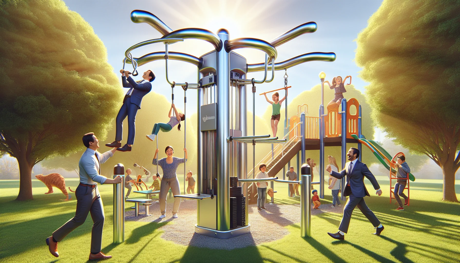 Imagine a colourful, realistic scene in a bright, sunshine-filled park. In its center, a shining, advanced calisthenics machine awaits, almost like an inviting jungle-gym for adults. There are a variety of individuals interacting with it in humorous ways. A South Asian man in a business suit is attempting a pull-up while still keeping his tie straight. A Hispanic woman in her casual wear is giggling as she balances on one of the beams. A Middle-Eastern child is playing around the machine, pretend it's a spaceship. The whole scene promotes a playful atmosphere, subtly encouraging exercise through fun and laughter.