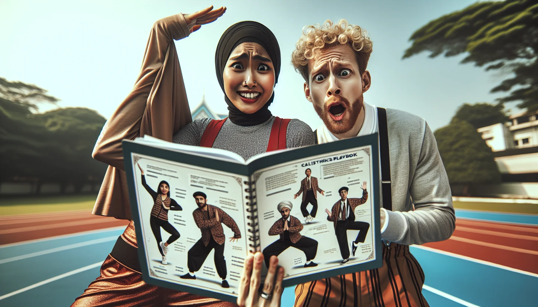 Generate a realistic image showing a South Asian woman and a Caucasian man hilariously trying to follow a calisthenics playbook. The playbook could contain peculiar exercise illustrations with exaggerated features and funny captions. The duo could be seen in an outdoor setting, with their exaggerated attempts at the exercises creating a sense of fun and amusement. Their attire should reflect typical workout gears, and their expressions should be of determination mixed with a faint hint of confusion, making it obvious that they don't quite get the instructions, hence bringing a humorous vibe to the scene.