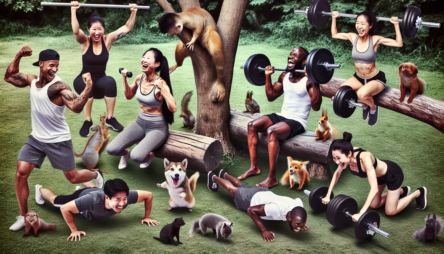 Create a humorous and motivating image of a diverse group of individuals engaging in both weightlifting and calisthenics in an unconventional setting. For example, an Asian female might be doing pull-ups on a tree branch, a Black male might be lifting heavy logs as an alternative to conventional dumbbells, a Middle-Eastern female might be doing push-ups with a squirrel cheering her on, and a White male doing squats with playful dogs around him. Display visible enjoyment on their faces, suggesting that fitness can be fun and inviting others to join in these activities.