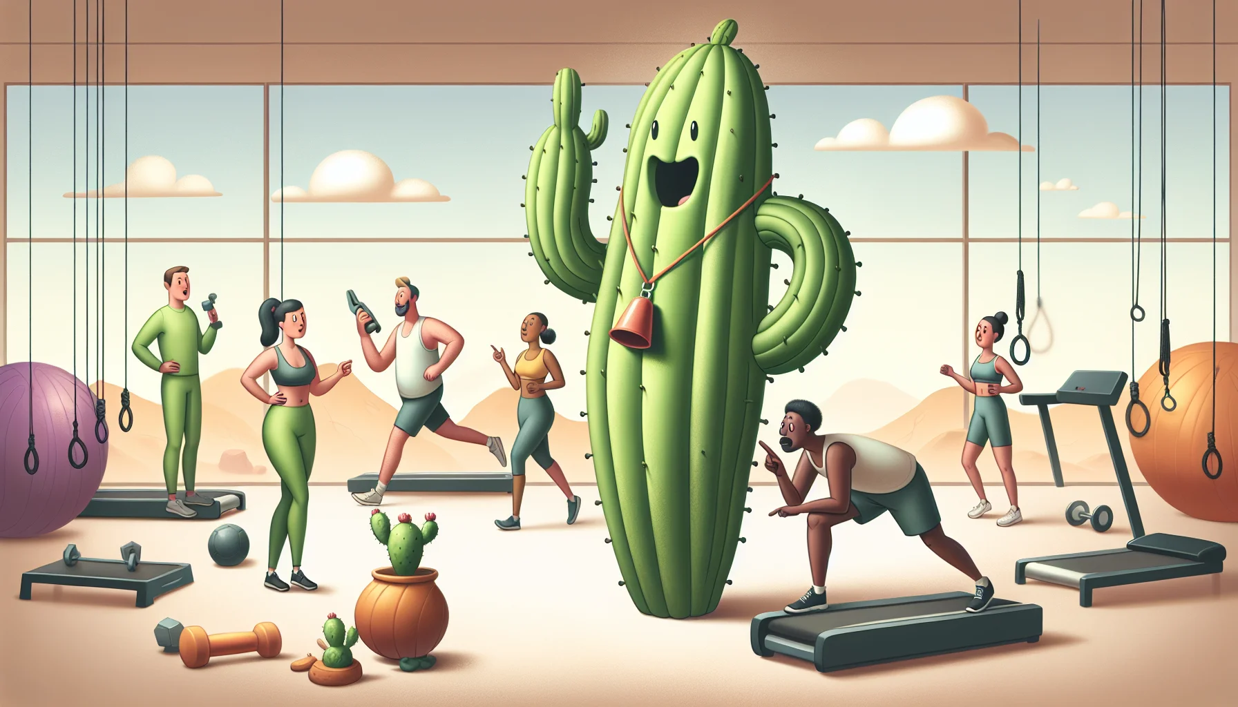 Imagine a humorous scene set in a gym. There's a giant, anthropomorphized Caralluma Fimbriata cactus, known for its natural fitness benefits, wearing a whistle around its neck and acting as a coach. Close by, a diverse group of people exercising - a Caucasian woman lifting weights, a Hispanic man on a treadmill, and a Black woman doing yoga. The cactus is helping them, encouraging them while providing tips. The atmosphere is light-hearted, warm and motivational, inspiring more people to join in this holistic approach towards fitness.