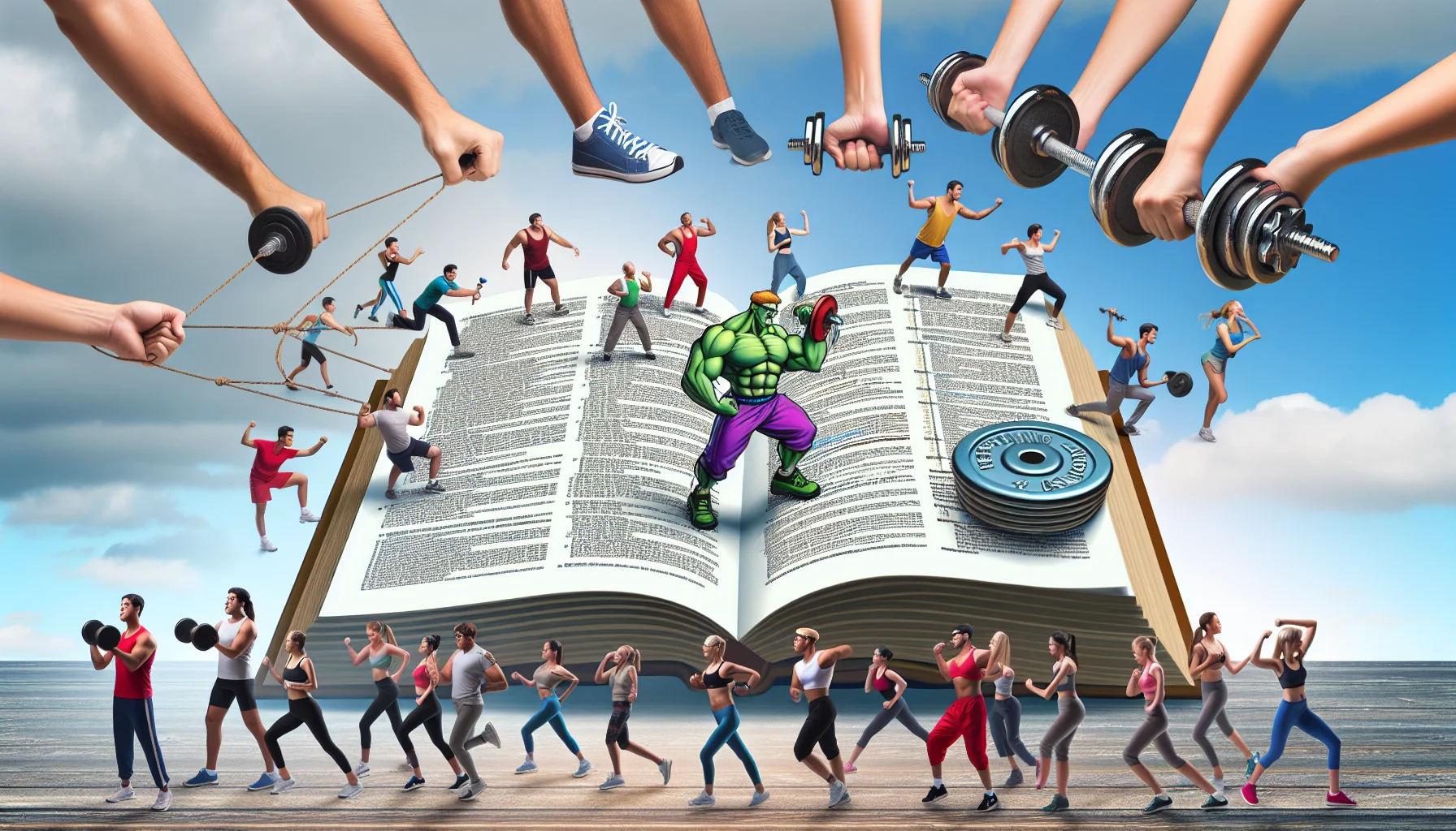 Depict an amusing scenario showing a guide to choosing the perfect weight loss program for fitness enthusiasts. The scene could feature a humorously large fitness instruction manual in the foreground, with comically exaggerated fonts and diagrams. In the background, a variety of individuals of different genders and descents are shown engaging in a range of exercises, like jogging, weightlifting, and yoga, with comical expressions of enthusiasm and determination on their faces. Through the hilarity of the scene, the desire for exercise and fitness is subtly encouraged.