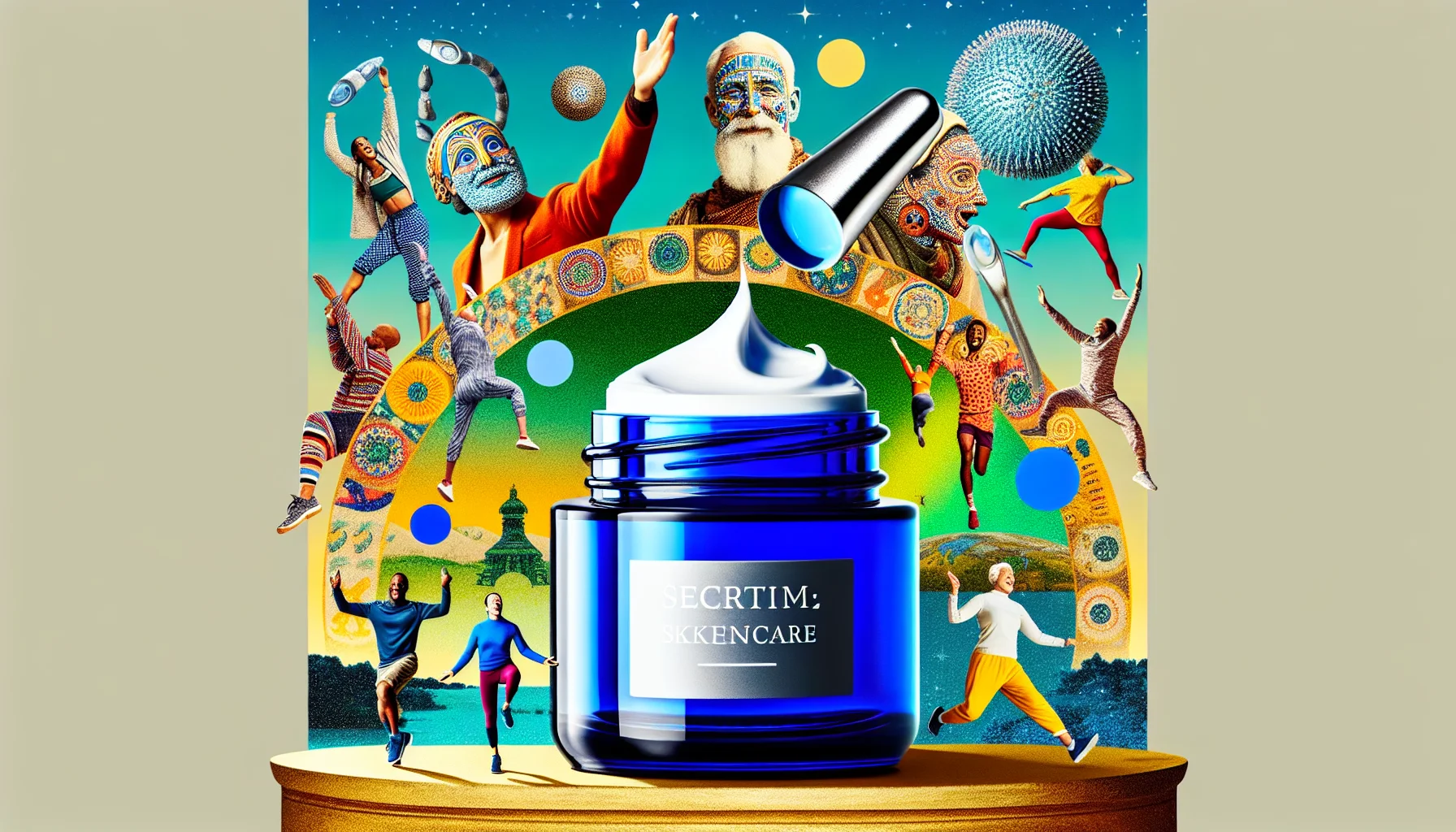 Generate a humorous image of an anonymous yet fit female model with white descent, releasable age, and long blonde hair, symbolizing the secret to anti-aging: Nighttime skincare products. She is amidst a hilariously oversized jar of face cream, much larger than she is. In the background, some lively exercise scenes exist, like people of diverse descents and genders joyfully jumping rope or doing yoga, subtly promoting the importance of regular exercise along with skincare for a youthful countenance.