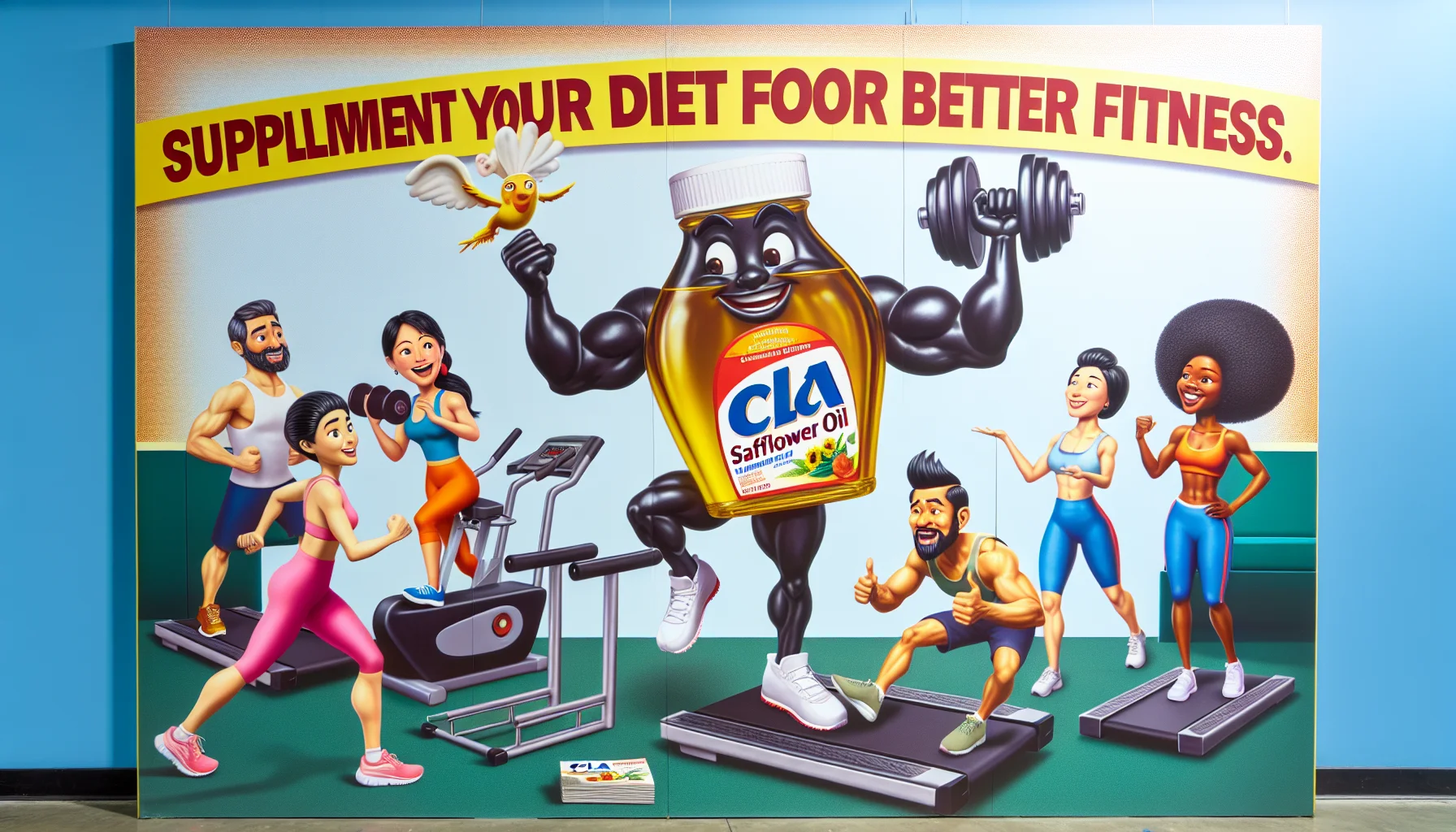 Create a humorous display where CLA Safflower Oil is helping people to enhance their fitness routines. Perhaps the oil could be depicted as a charismatic trainer, animated and enthusiastic, engaging in a lively gym scene. Around it, different people of varying descents and genders - a Hispanic woman lifting weights, a Black man on a treadmill, an Asian woman doing yoga, a Middle-Eastern man on an exercise bike - all with big smiles on their faces, encouraged by the quirky 'Trainer Safflower Oil'. The background could read 'Supplement Your Diet for Better Fitness' in bold, appealing letters.