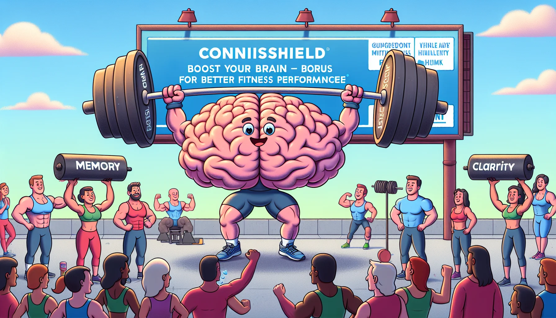 Create a humorous scenario promoting 'CogniShield' for its fitness enhancing capabilities. Picture a brain with cartoonish muscular arms and legs doing deadlifts with barbells labelled 'memory', 'focus', and 'clarity'. A crowd of different people with varying genders and descents, including Caucasian, Black, Hispanic, Middle-Eastern and South Asian individuals are cheering for the brain. In the background, place a billboard advertising 'CogniShield: Boost Your Brain for Better Fitness Performance'. The color scheme should be vibrant, healthy and inviting. Add soft strokes and hazy effects for the finishing touch.
