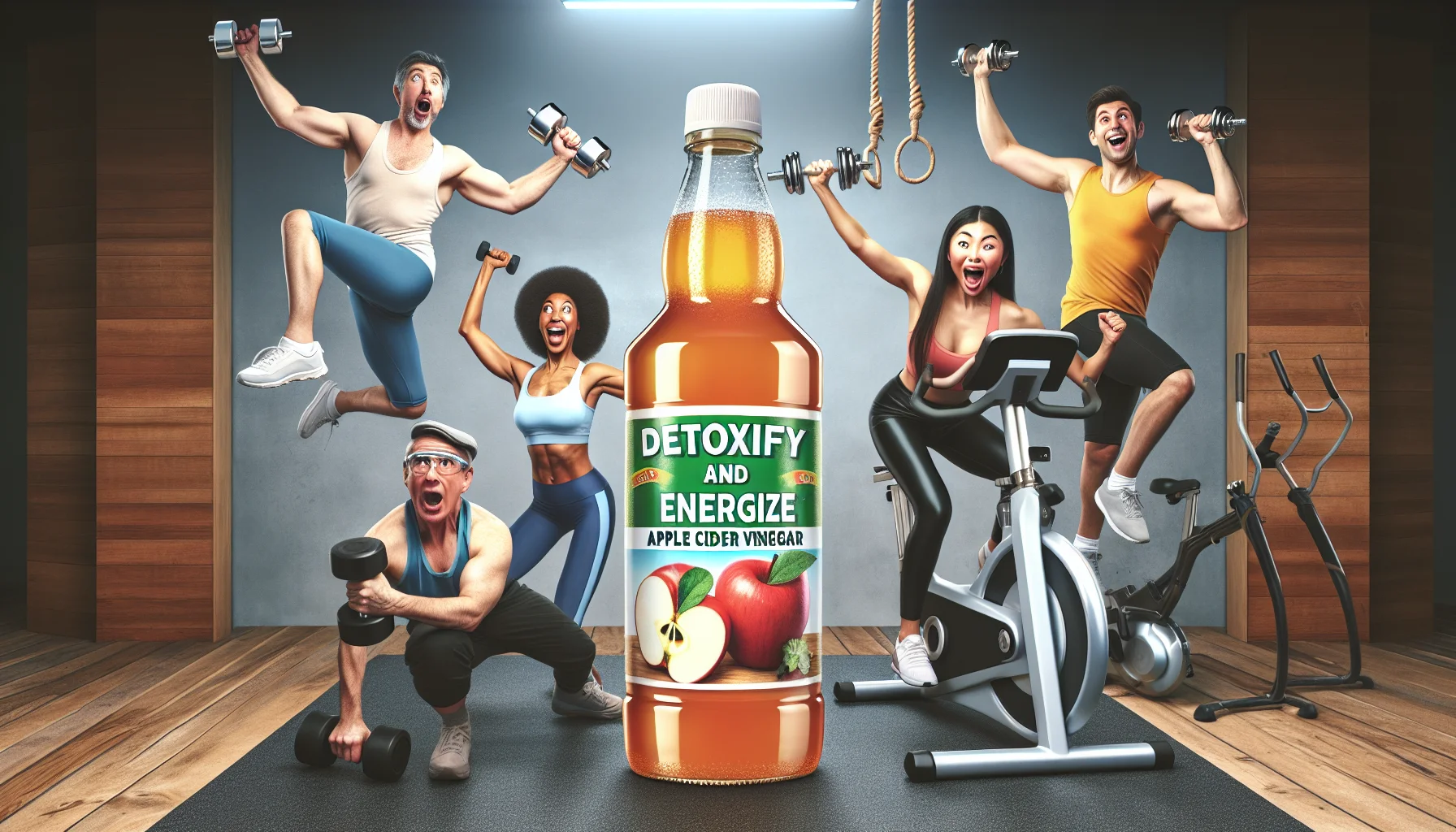 Create a humorous and enticing image showcasing a fictitious healthy fitness drink called 'Detoxify and Energize: Apple Cider Vinegar'. The drink bottle should be prominently displayed with a bright and catchy label. The background scene should consist of a gym setting abuzz with individuals of varying genders and descents: a middle-aged Caucasian man attempting a yoga pose, a young Hispanic woman energetically lifting light dumbbells, an older South-Asian male energetically pedaling on a stationary bike, and a youthful black woman holding a pose on a balance beam. Each person has a bottle of the fitness drink in hand, their expressions comically exaggerated to show enthusiasm and energy.