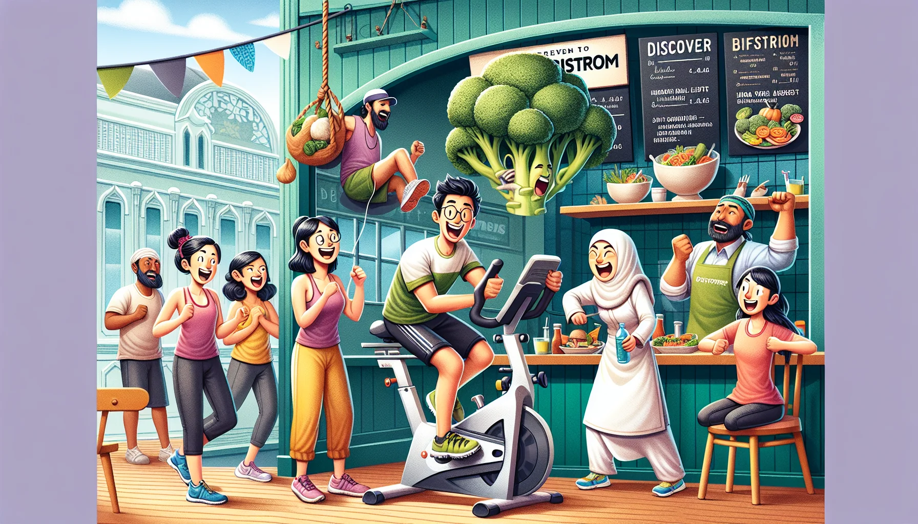 Illustrate a humorous scene portraying the benefits of healthy eating and exercise. The setting is a vibrant café named 'Discover BistroMD', which prides itself on a menu filled with nutritious options. In this establishment, a diverse group of people are engaged in lively workouts. A South Asian woman is energetically pedaling an exercise bike, while a Middle Eastern man is amusingly attempting to lift a large broccoli stalk as if it were a weight. Everyone is firmly engrossed in their activities, laughing and encouraging one another, demonstrating the enjoyable side of a wellness-focused lifestyle.