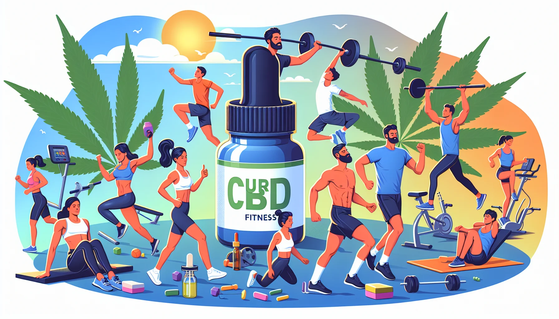 Generate an amusing and realistic scene showing the fitness benefits of pure CBD. The scene should depict people in various exercise activities such as yoga, weightlifting, and running. There might be a sense of relaxation and focus emanating from those exercising. Please include elements such as a CBD oil bottle or CBD-infused energy bars. Let's have a balance of men and women from diverse descents like Hispanic, Caucasian, Black, Middle-Eastern, and South-Asian all thoroughly enjoying their workouts.