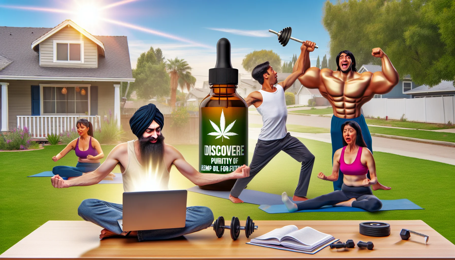 Generate a humorous scene promoting the use of Hemp Oil for fitness. Picture a suburban setting with a group of individuals participating in various fitness activities. One person, a Middle-Eastern woman, is doing yoga in the park, with an exaggeratedly serene expression on her face. Another, a Black man, is lifting weights and showing off an impossibly huge bicep. A South Asian woman is humorously attempting to follow a complex aerobics routine on a laptop screen. All of them have bottles of Hemp Oil nearby, which are emanating a radiant light to signify purity. Caption the image with: 'Discover the Purity of Hemp Oil for Fitness!'