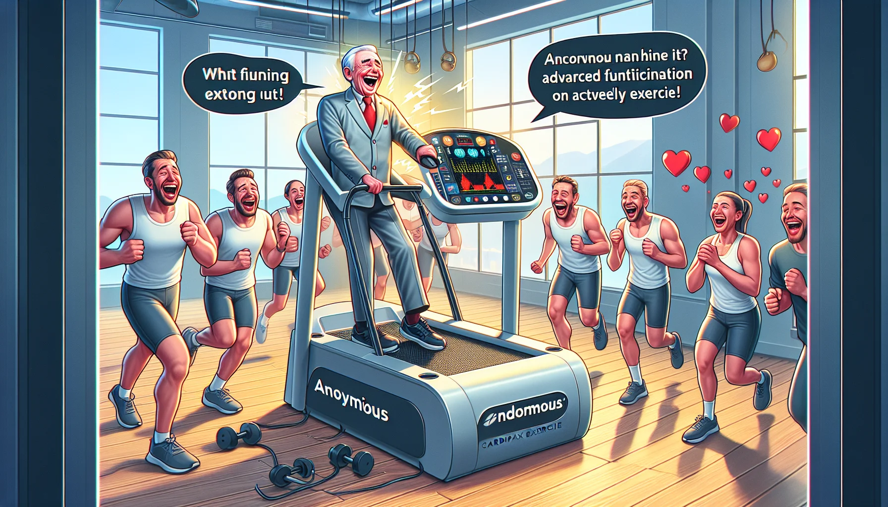 Create an enticing image of a humorous scenario featuring an anonymous cardiac exercise machine (resembling the advanced functionality of a Cardiax 3N Pro) in action. The scene is in a bright, welcoming gym space and includes various people laughing and working out. Each person displays a look of amusing surprise on their faces, further enhancing the comical aspect. Incorporate an encouraging message in bold, lively text to motivate viewers to actively exercise. Include prominent elements such as the machine's multiple displays, unique design, and innovative features.