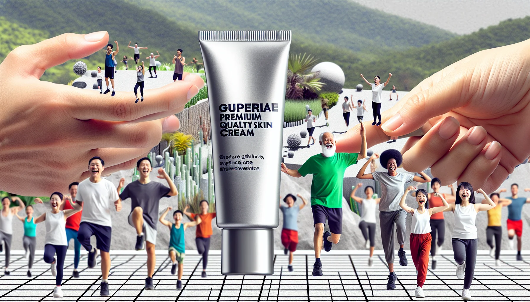 Generate an image that captures a humorous scenario that encourages people to engage in physical exercise. The setting is a gym or an outdoor fitness area. There's a tube of a generic premium-quality skin cream, representing the idea of skincare and exercise working hand-in-hand to improve wellbeing. This cream has a label indicating that it's superior in enhancing skin health. There are people of different descents and genders, laughing and engaging in different forms of exercise, showcasing their enthusiasm for fitness. Their radiant and healthy-looking skin implies the cream's positive effect.