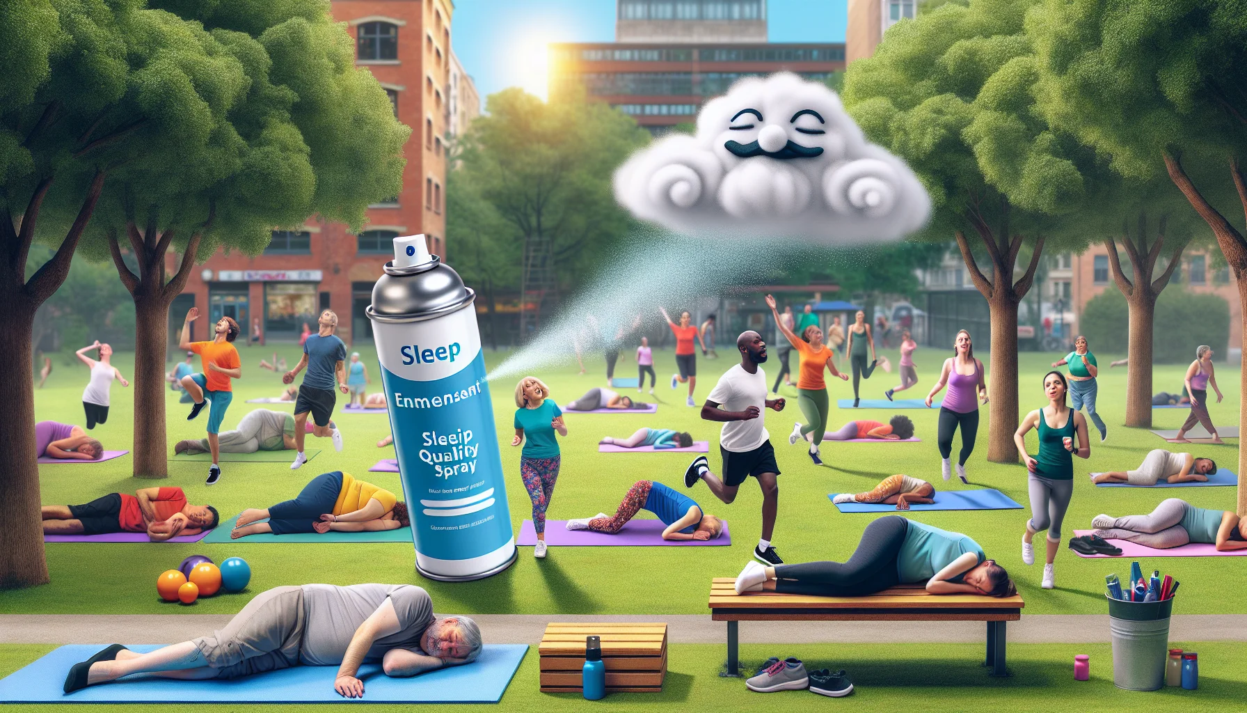 Create a satirical and realistic scene to promote an Innovative Sleep Quality Enhancement Spray. The setting features a colourful and bustling park where various people of diverse ages, genders, and descents are energetically exercising. Unexpectedly, a playful cloud appears and gently rains the sleep enhancement spray over the park, immediately transforming the once-active participants into peacefully snoozing figures on benches, yoga mats, and under trees. The canister of the sleep spray is shown prominently, radiating a comforting, inviting aura.