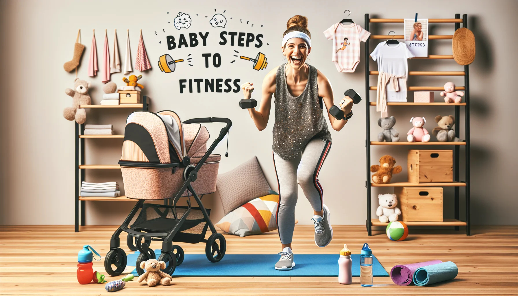 Picture this: a setting mimicking a home gym with various baby essentials cleverly integrated. There's a Caucasian female, an active mom who embodies determination and focus, laughing heartily as she lifts a baby stroller with one hand, symbolising a weight. On the other side, a baby bottle serves as her water bottle. An exercise mat has soft toys at various positions as if marking exercise spots. An athletic outfit, sweatbands, and a baby carrier add to her workout gear. Encouraging text that says 'Baby Steps To Fitness' hovers above them, adding a humorous element to the scene.
