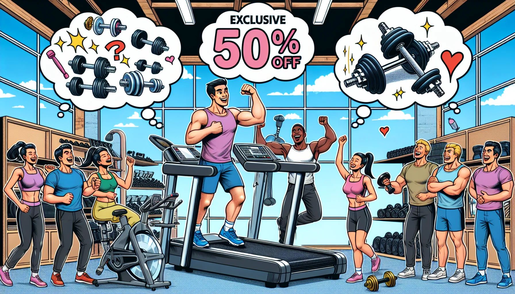 Create a humorous and captivating image of a scenario at a fitness equipment store. In the midst of the store, a treadmill, an exercise bike, and a set of dumbbells are marked down 50% and spotlighted. Various customers, an Asian woman, a Hispanic man, a Black woman, and a White man, laugh and cheer as they try different fitness gear. Next to each person, show exercise related comic style thought bubbles indicating fun ideas of how they would use the exercise gear at home. In the sky above the store, an unseen giant hand puts up a banner reading 'Exclusive 50% Off Fitness Essentials'.