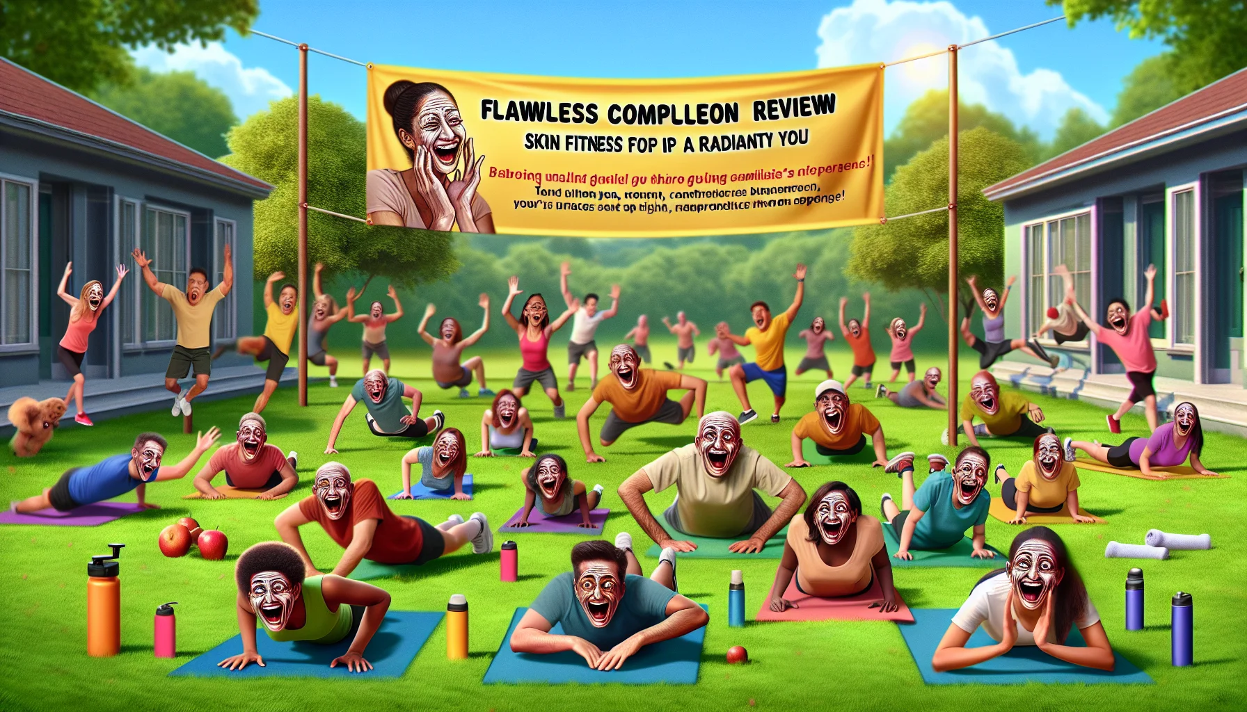 Imagine a hilarious scenario featuring a banner that reads, 'Flawless Complexion Review: Skin Fitness for a Radiant You'. Set in an outdoor park, a group of diverse individuals of different ethnicities and genders are doing exaggerated exercise routines, their faces glowing with health. Some of them are attempting to do push-ups, bursting into laughter, while others are stretching, contorting into amusing shapes. The scene is lively, with a sunny sky in the background, adding to the impressions of health and wellbeing. The humor in the scene is designed to entice and motivate viewers to engage in regular exercise.