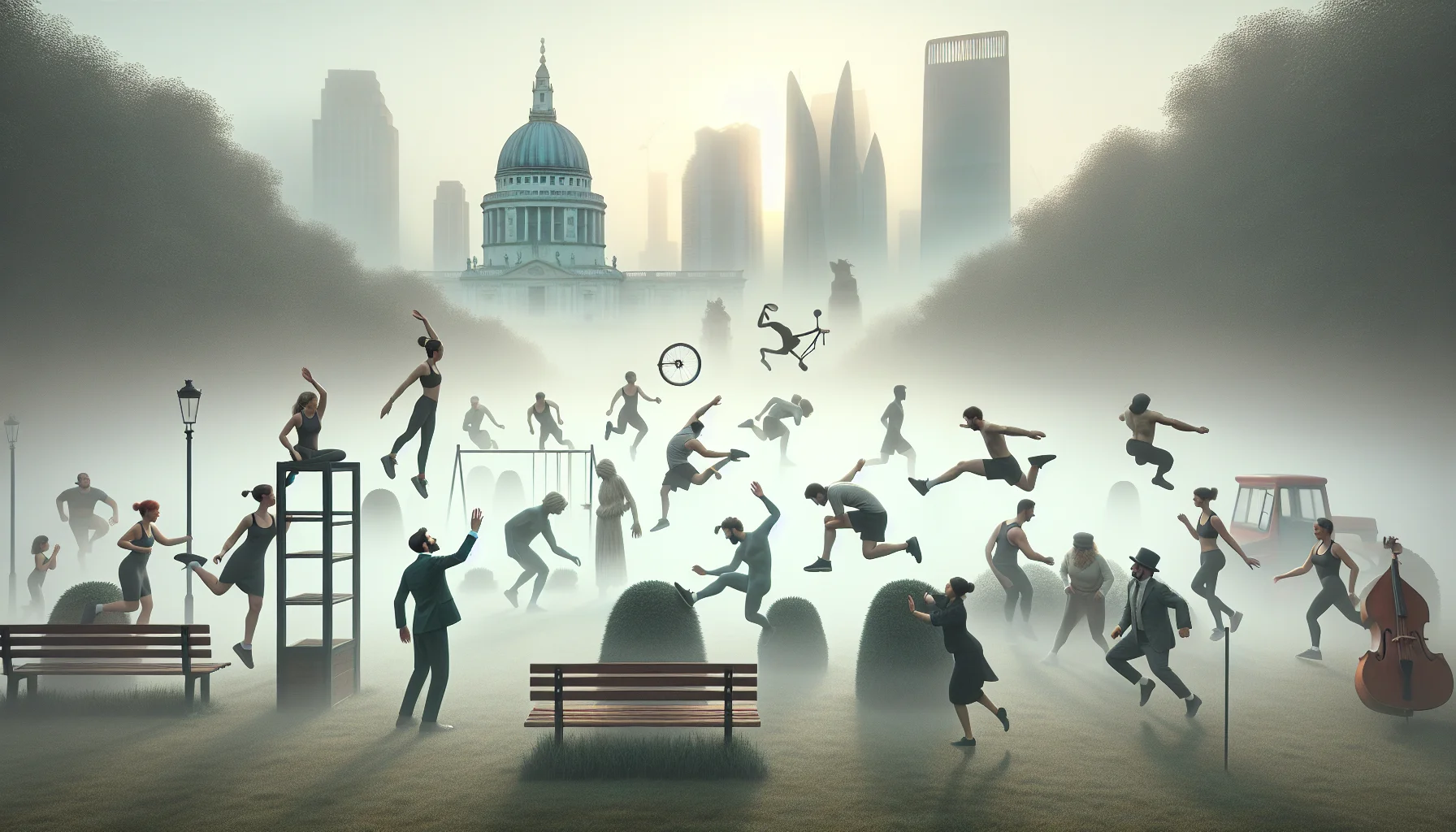 An entertaining and whimsical scenario of fog parkour, crafted with striking realism. Imagine a fog-soaked cityscape at dawn, where silhouettes of structures are barely visible. Within this misty setting, a motley group of individuals of varying descents - including Caucasian, Hispanic, Black, Middle-Eastern, and South Asian individuals both male and female - showcasing their parkour skills with hilarious exaggerated postures. Perhaps a woman is seen attempting to vault over a park bench while missing her footing and falling into a fluffy bush, while a man performs a somersault, but lands in an awkward and funny stance. The scene is presented in a light-hearted manner to promote exercise in an amusing and inviting way.