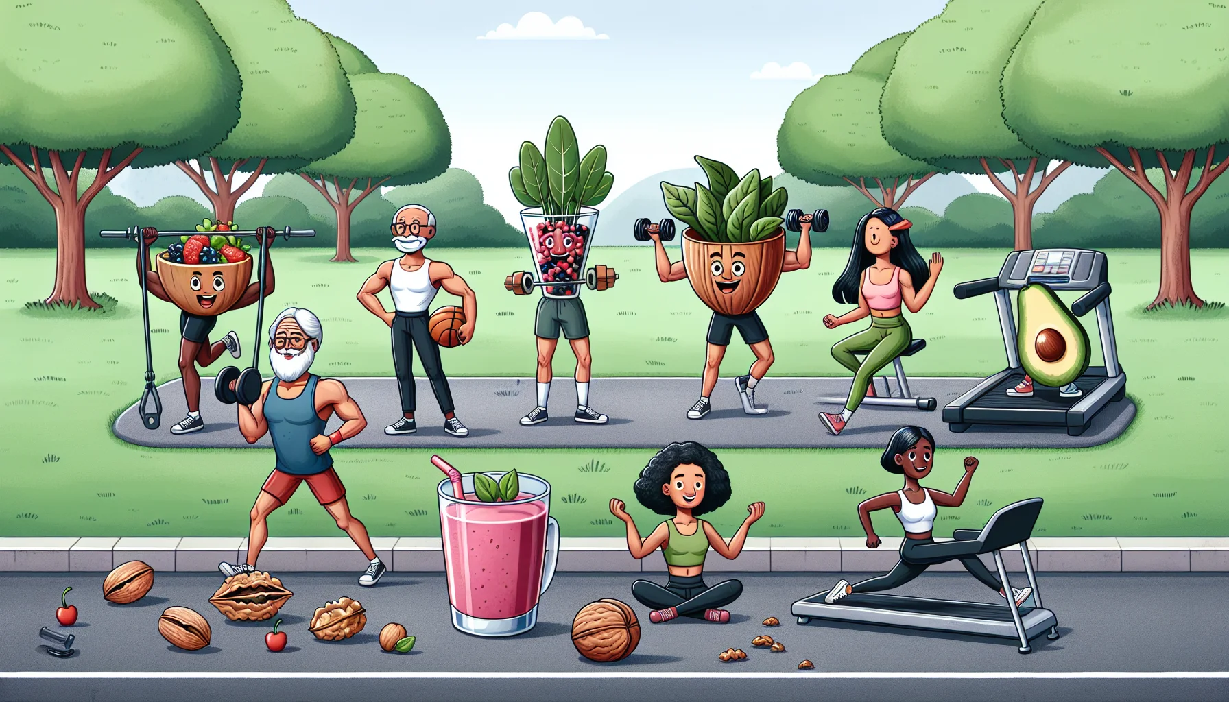 Create a humorous and appealing image depicting a setting in a park where different foods, known to help in hair restoration, are engaging in a lively workout session. Picture them with human-like features, exercising on various equipment. Include a diversity of foods such as Spinach portrayed as a middle-aged South Asian man pumping iron, a berry smoothie as a young Black woman running on a treadmill, walnuts visualized as an elderly Caucasian man doing yoga, and an avocado embodied as a Hispanic female child doing jumping jacks. This playful representation links healthy eating and physical activity for hair health.