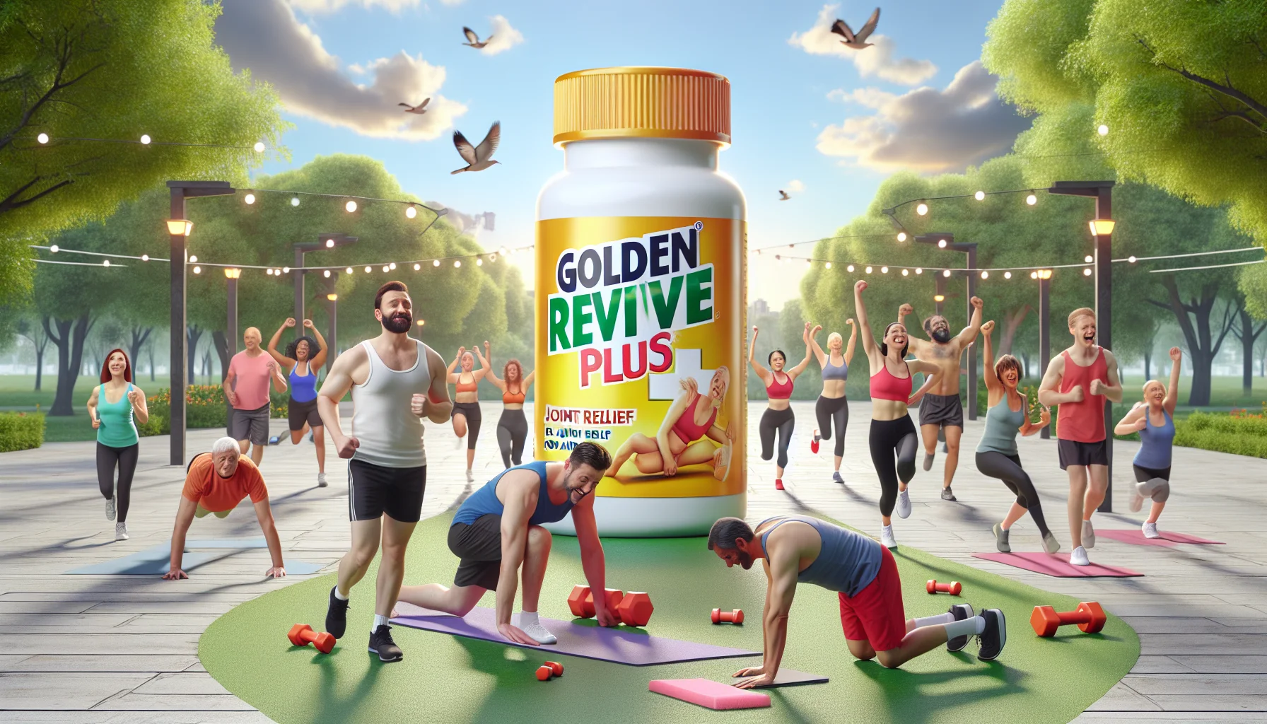 Create a humorous, realistic picture showcasing a product called 'Golden Revive Plus', which offers joint relief for an active lifestyle. The scene is set in a vibrant park where a group of lively individuals from various descents and genders are engaging in a range of exercises - from yoga to jogging to weight lifting. In the foreground, there is a giant bottle of 'Golden Revive Plus' cheerfully participating by doing push-ups, signaling that exercise and joint relief go hand in hand. Every person's energetic demeanor subtly encourages the viewers to lead an active lifestyle.