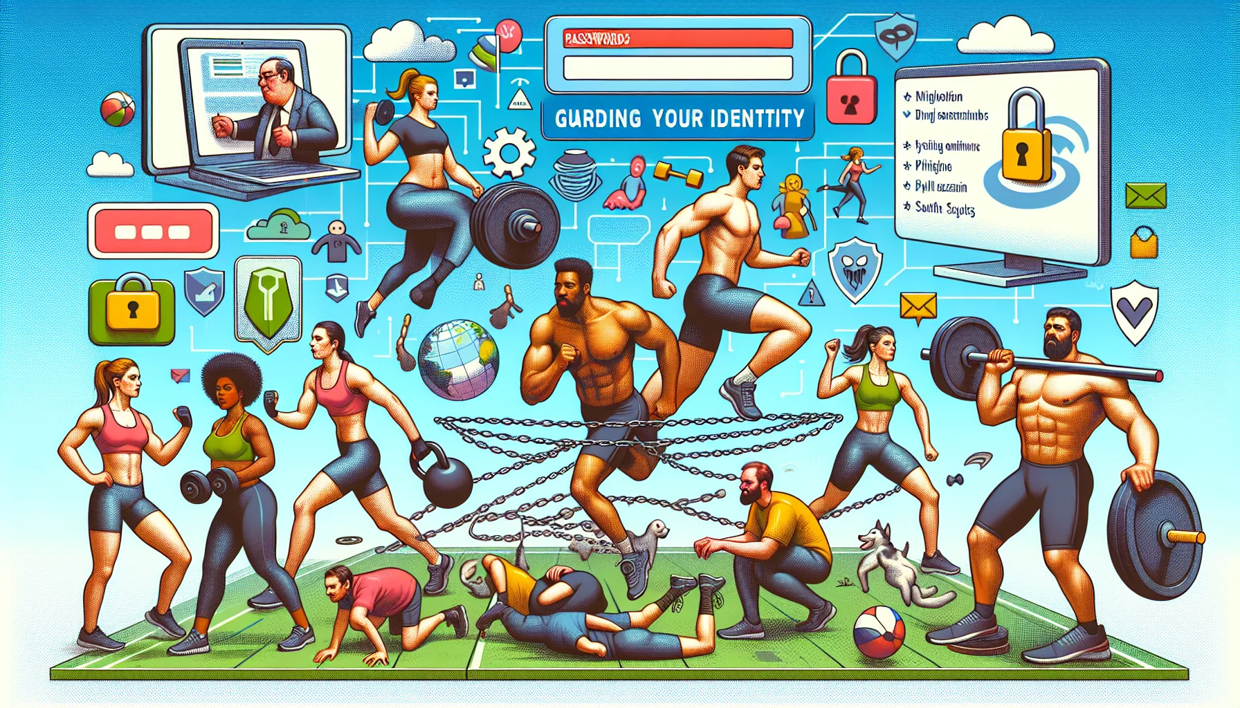 Create a creative and humorous image that symbolizes the idea of 'Guarding Your Identity: A Fitness Approach to Digital Safety'. Visualize a scene where diverse people of different genders and descents (e.g., Caucasian, Middle-Eastern, Hispanic, Black, South Asian) are engaging in various physical activities like running, lifting weights, and yoga. Incorporate elements that connote digital safety, like people carrying passwords as if they were weights, or dodging harmful online elements like phishing emails and viruses. Make sure the overall ambiance of the scene motivates people to stay active physically and digitally safe.