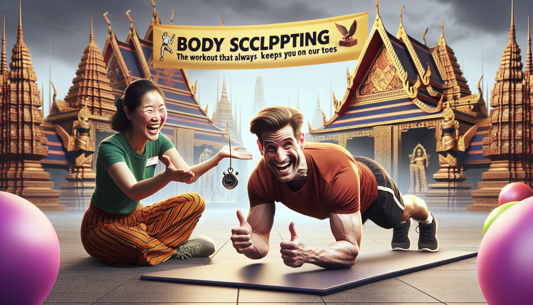 Generate a humorous and realistic image conveying the concept of endurance in body sculpting. Picture a scene involving a jovial gathering in a well-equipped gymnasium. A Caucasian male with muscular arms is over-enthusiastically attempting to hold a seemingly endless plank position on a yoga mat, while an Asian female personal trainer, holding a stopwatch, is laughing and encouraging him with a thumbs-up gesture. A banner on the wall humorously proclaims, 'Body Sculpting: The Workout That Always Keeps You on Your Toes'. This scene should inspire viewers to embrace regular exercise and endurance training humorously.