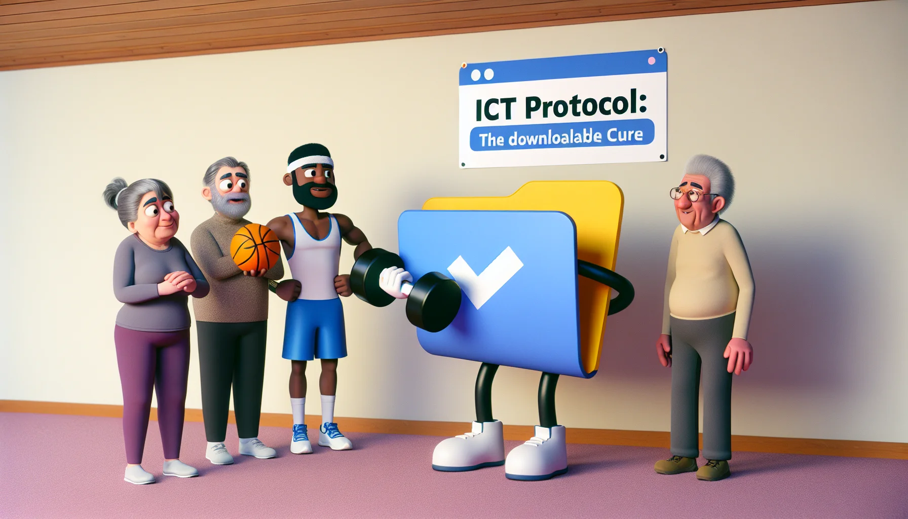 A humorous scene showing a downloadable fitness program, labelled as 'ICT Protocol: The Downloadable Cure'. Imagine it as an anthropomorphised cartoon file icon holding a dumbbell and encouraging a diverse group of people to join it in exercising. The people should include a middle-aged Caucasian woman in a yoga outfit, a young Hispanic man in basketball gear, a Black woman in her 30s in running clothes, and an elderly South Asian man in comfortable exercise clothes, all looking amused and eager to participate.