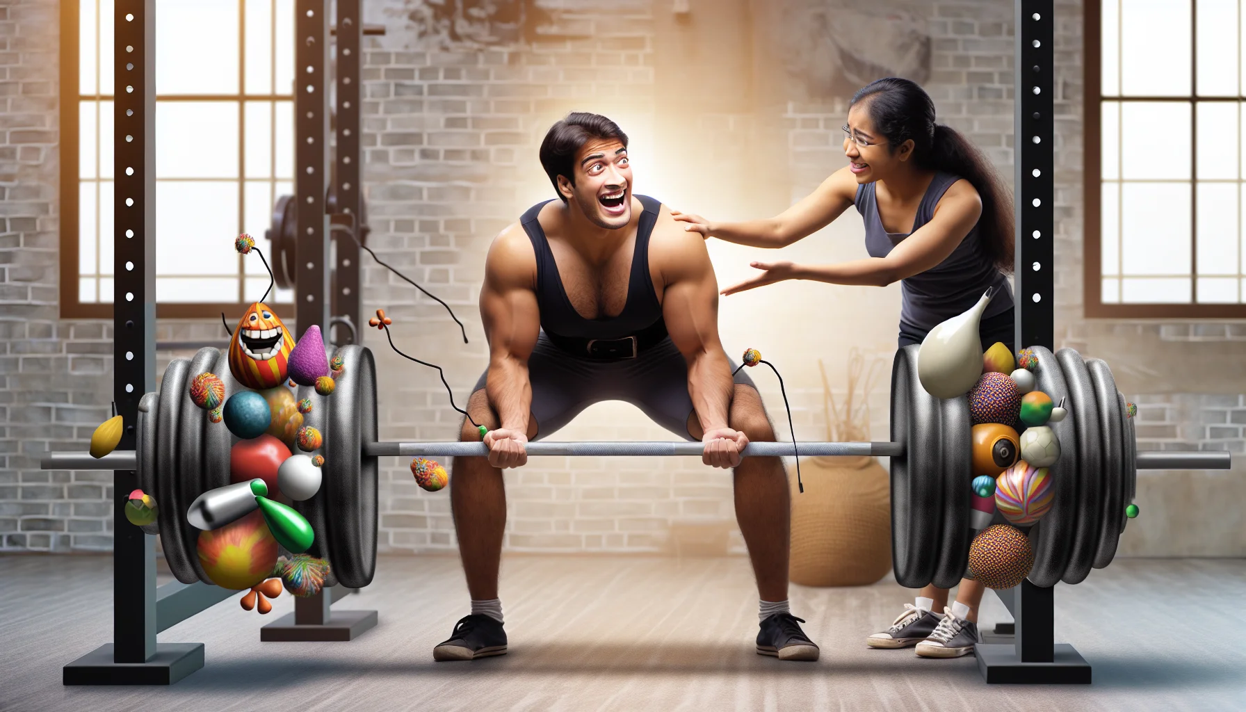 Create a humorous, realistic image representing the competitive and intense world of powerlifting, designed to encourage people to exercise. It could contain a scene in a gym with a South Asian man struggling to lift a barbell filled with oddly shaped weights perhaps resembling lightweight items like feathers or balloons, with a Black female trainer at his side, smiling and encouraging him. Yet, his attempt is sincere and demonstrates positive intent towards health and fitness.