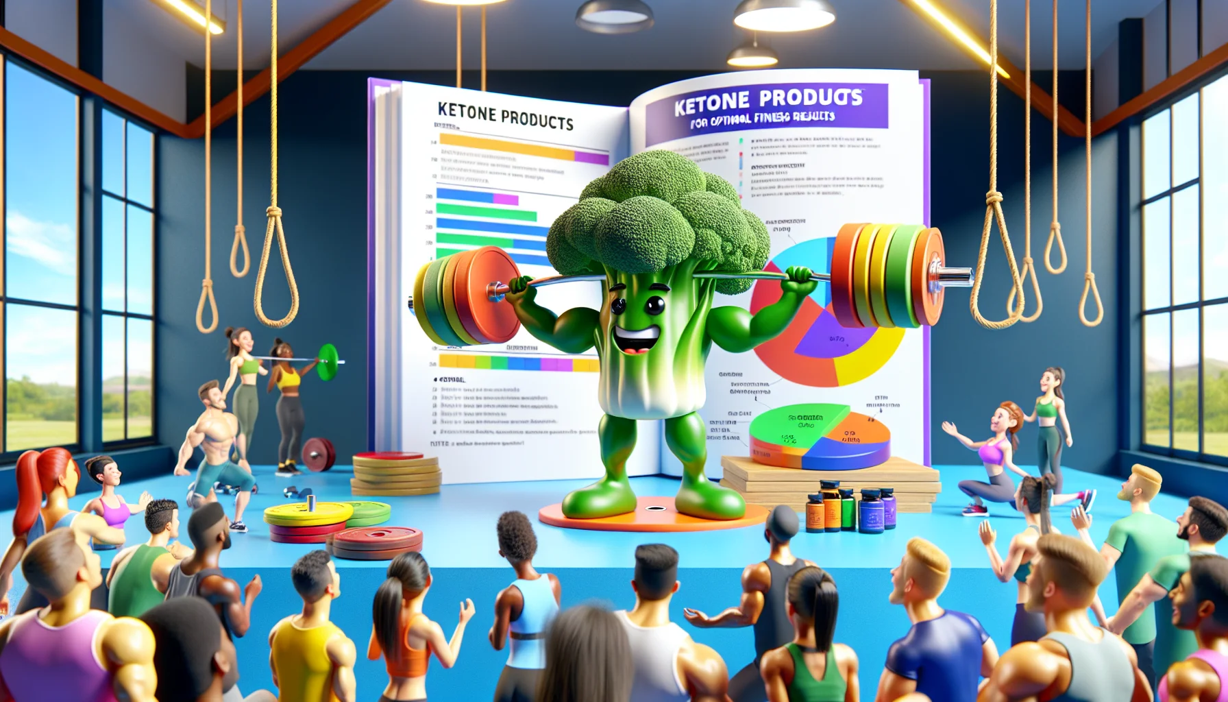 Visualize an amusing and engaging scene displaying a Ketone Products Dosage Guide for Optimal Fitness Results. The foreground hosts a comical humanoid broccoli character energetically engaging in exercise, perhaps lifting a barbell made of healthy veggies. In the near background, a prominently visible manual, richly detailed with colorful bar charts, pie diagrams, and dosage instructions related to ketone products catches attention. To add a touch of realism, include onlookers of diverse descents and genders, all reacting with surprised expressions. The scene is set in a vibrant health and fitness environment.