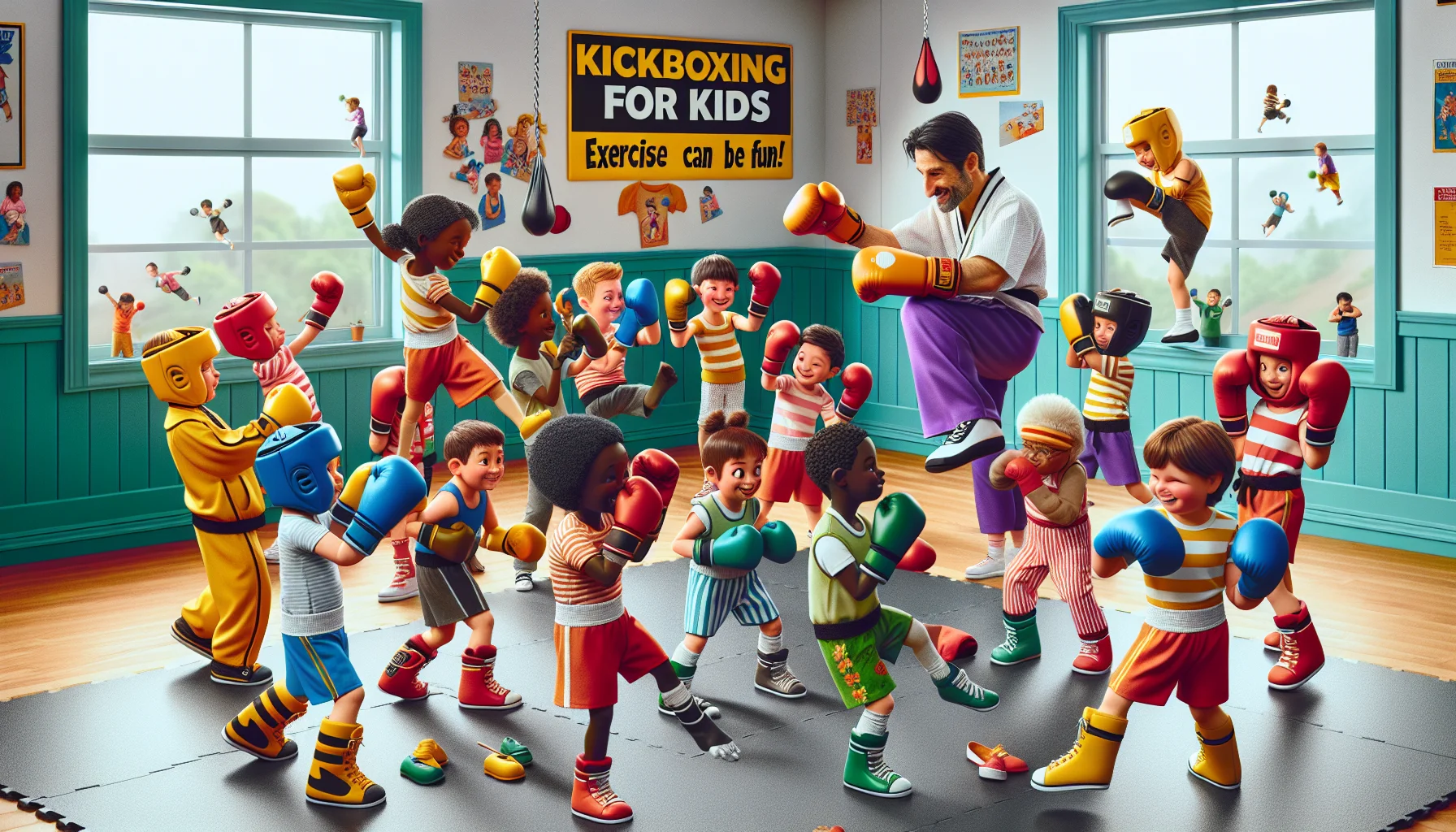 Create an amusing and realistic scene of a children's kickboxing class. Picture a mixed-gender gaggle of children of diverse descents including Caucasian, Black, South Asian, Hispanic, and Middle-Eastern. All are wearing oversized boxing gloves and colorful safety gear, attempting to mimic a kickboxing instructor's high-flying roundhouse kick. A few kids are clumsily toppled over, adding to the humor. A boldly lettered sign states 'Kickboxing for Kids: Exercise Can be Fun!'. The room is filled with energetic enthusiasm, bringing the message that exercise can be fun and enjoyable for children.
