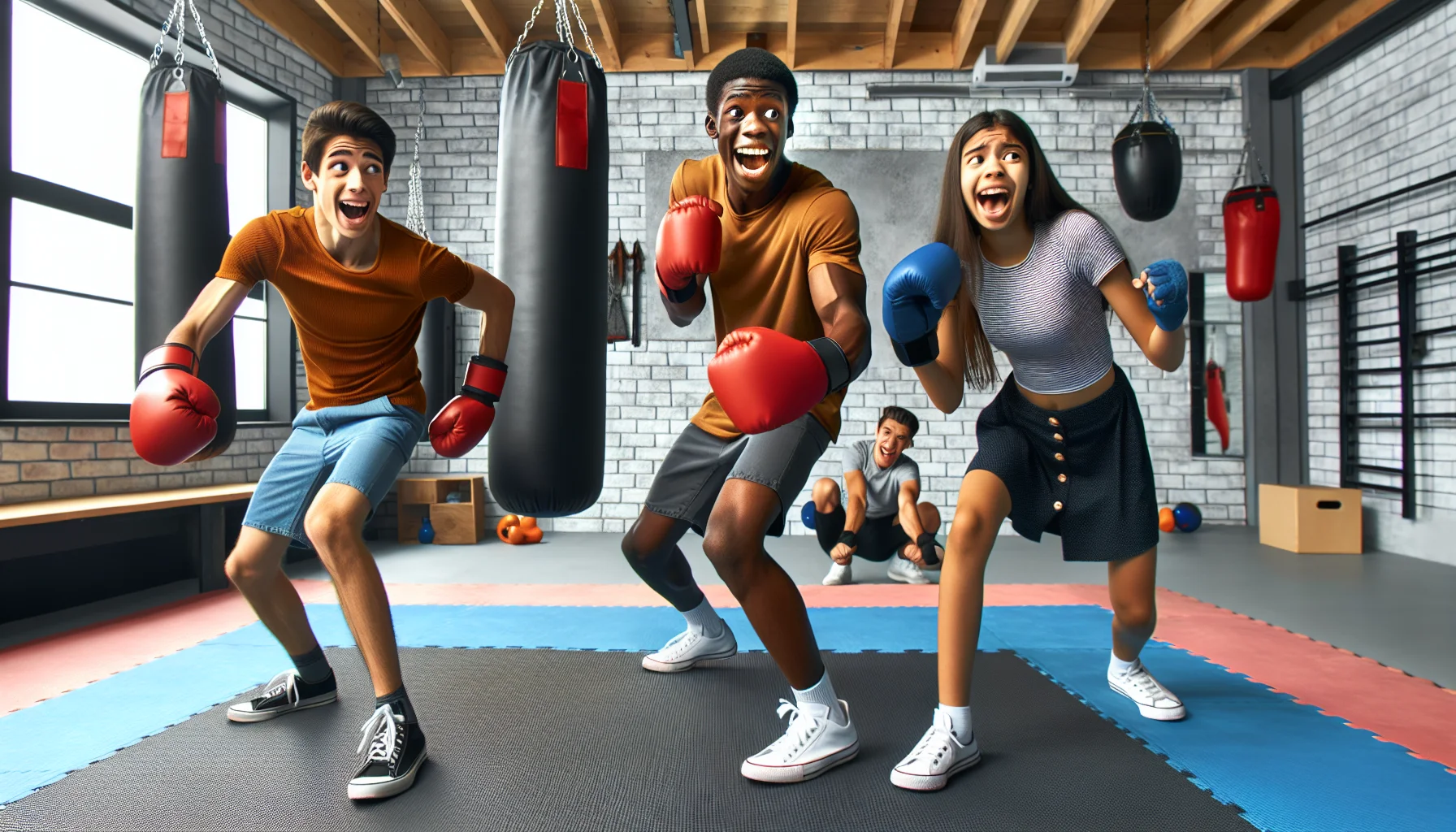 Create an amusing yet inspiring image intended for teenagers, presenting a comical kickboxing scenario that promotes physical exercise. The picture might depict three energetic teenagers of diverse descents - a Hispanic young girl, a Caucasian boy, and a Black teenager boy - in a local community center's kickboxing gym. They could be trying their best to follow the kickboxing instructor's moves but somehow comically failing at it while laughing their hearts out. The backdrop of this lively scene could be a modern, colorful gym with punch bags, gloves, and mirrors reflecting the humorous antics of the teens.