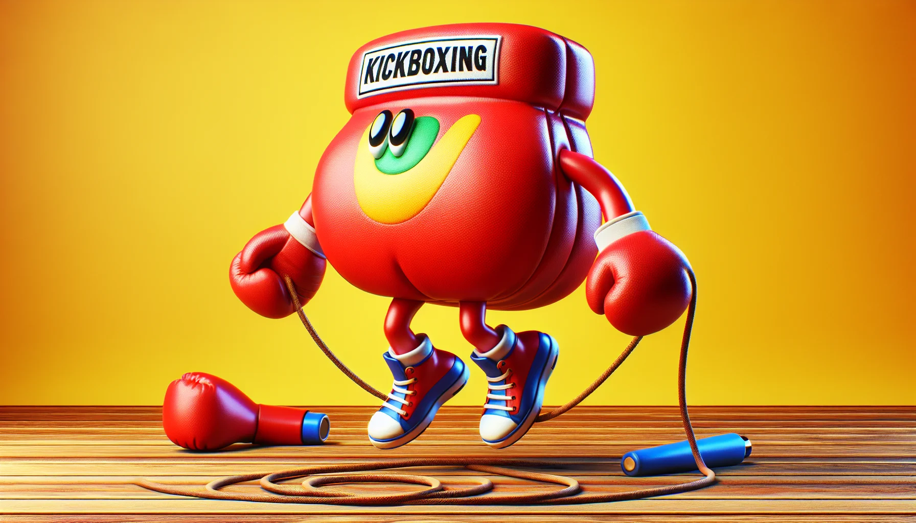 Generate an image showcasing a humorous scene using a kickboxing logo. The logo is positioned comically, maybe wearing a pair of oversize boxing gloves that are clumsily heavy and exaggeratedly large. It's trying to jump rope, but the gloves are making it difficult, causing everyone to chuckle. This scene inspires curiosity and laughter, and simultaneously motivates people to take up kickboxing and engage in physical activities. Use bright, energetic colors to enhance the overall appeal and create a cheerful atmosphere.