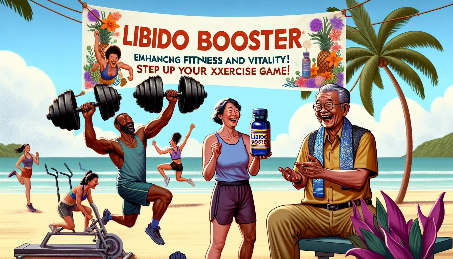 An amusing image showcasing a fictitious product called 'Libido Booster: Enhancing Fitness and Vitality'. It's a lively day at a beachside gym. A middle-aged Caucasian man with a surprised expression lifts an exceptionally heavy dumbbell. On the side, a cheerful black woman in athletic gear does backflips out of excitement. The fitness trainer, an elderly South Asian lady, is laughing heartily as she holds up a bottle labeled 'Libido Booster'. There is a banner behind them reading: 'Boost Your Fitness and Vitality! Step Up Your Exercise Game!' The humorous atmosphere encourages people to join in on the fun.