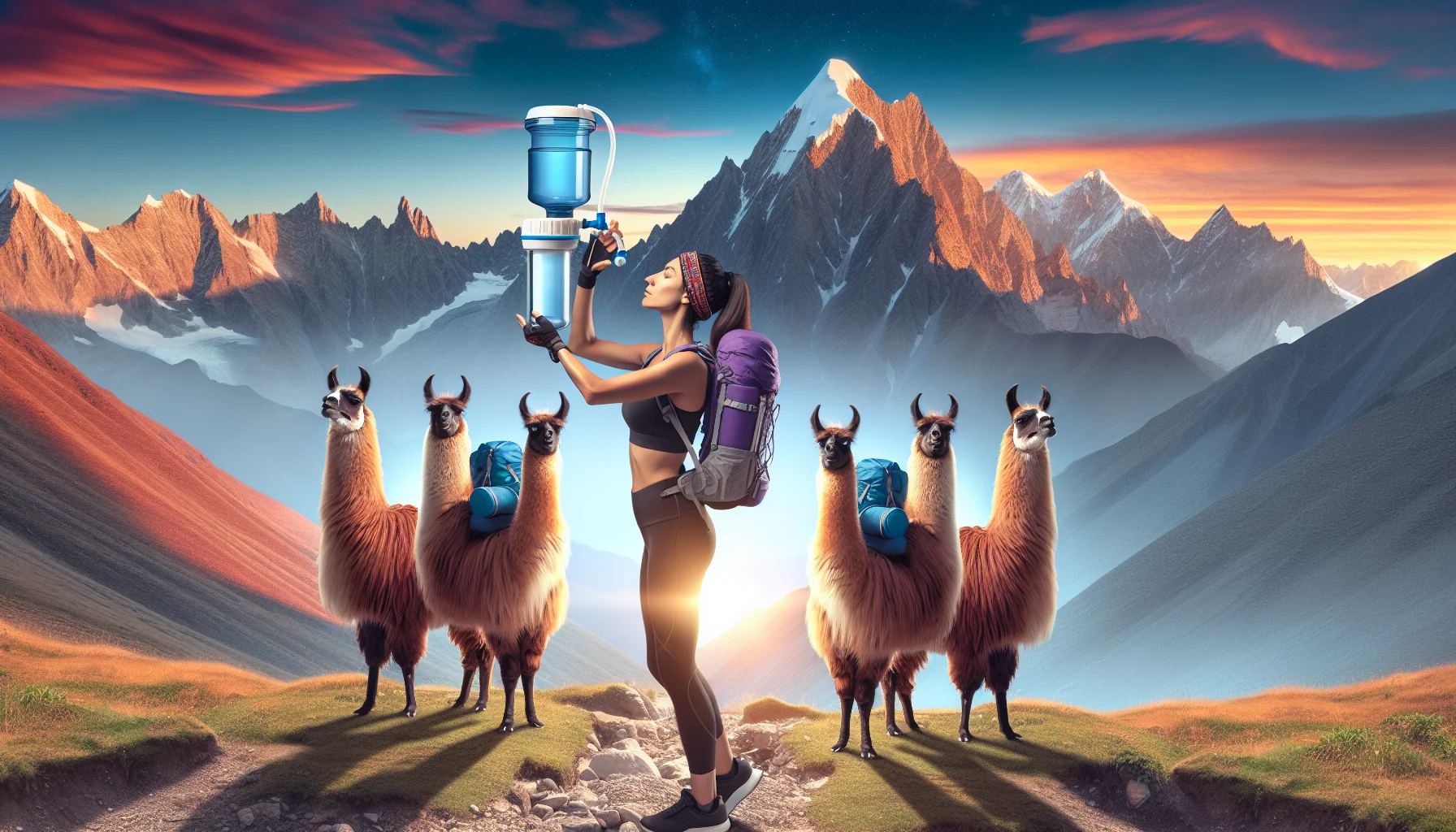 Generate a creative and humorous scene illustrating the usage of a portable water filter, seen as an essential gear for adventurous fitness enthusiasts. The scene can include an athletic Middle Eastern woman using her portable water filter in an exaggerated, high altitude mountain scenario while exercising. A quirky touch could be a group of backpack-toting llamas looking curiously at her efforts. The llamas are also equipped with mini portable water filters around their necks, emphasizing the theme that hydration is important for everyone during physical activities. The background should display a vibrant sunset casting long shadows across majestic mountain peaks.