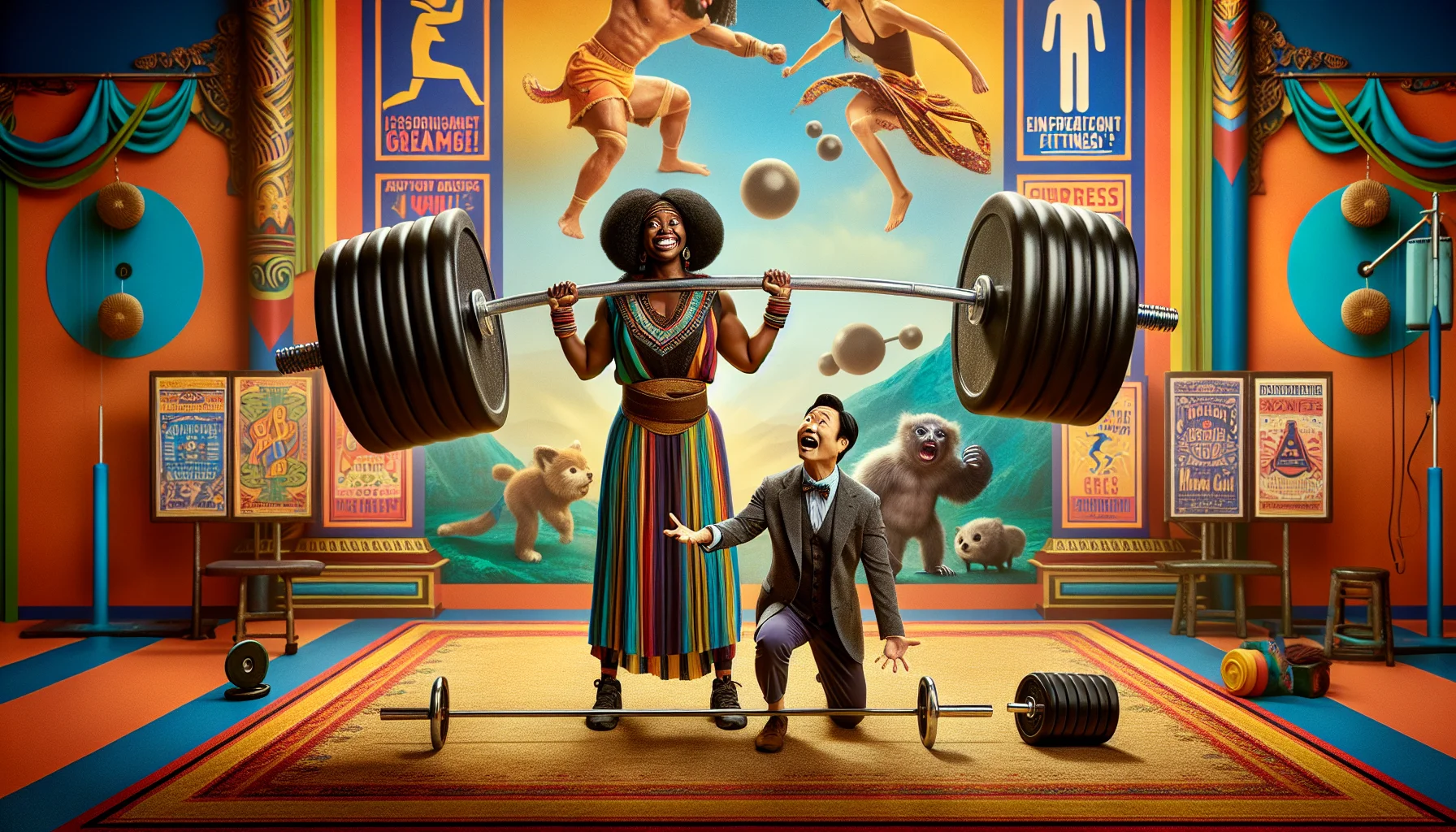 Craft a humorous and realistic image illustrating the act of powerlifting, designed to inspire viewers to exercise. In the frame, imagine a Black woman lifting an enormous barbell with oversized, comedic weights. Meanwhile, an Asian man appears completely astonished by her strength as he struggles with a tiny featherweight dumbbell. Background is set in a captivating, vividly colored gym location with posters encouraging physical fitness. The overall theme is light-hearted and inspiring, implying that exercise can be fun and accessible to all regardless of personal fitness level.