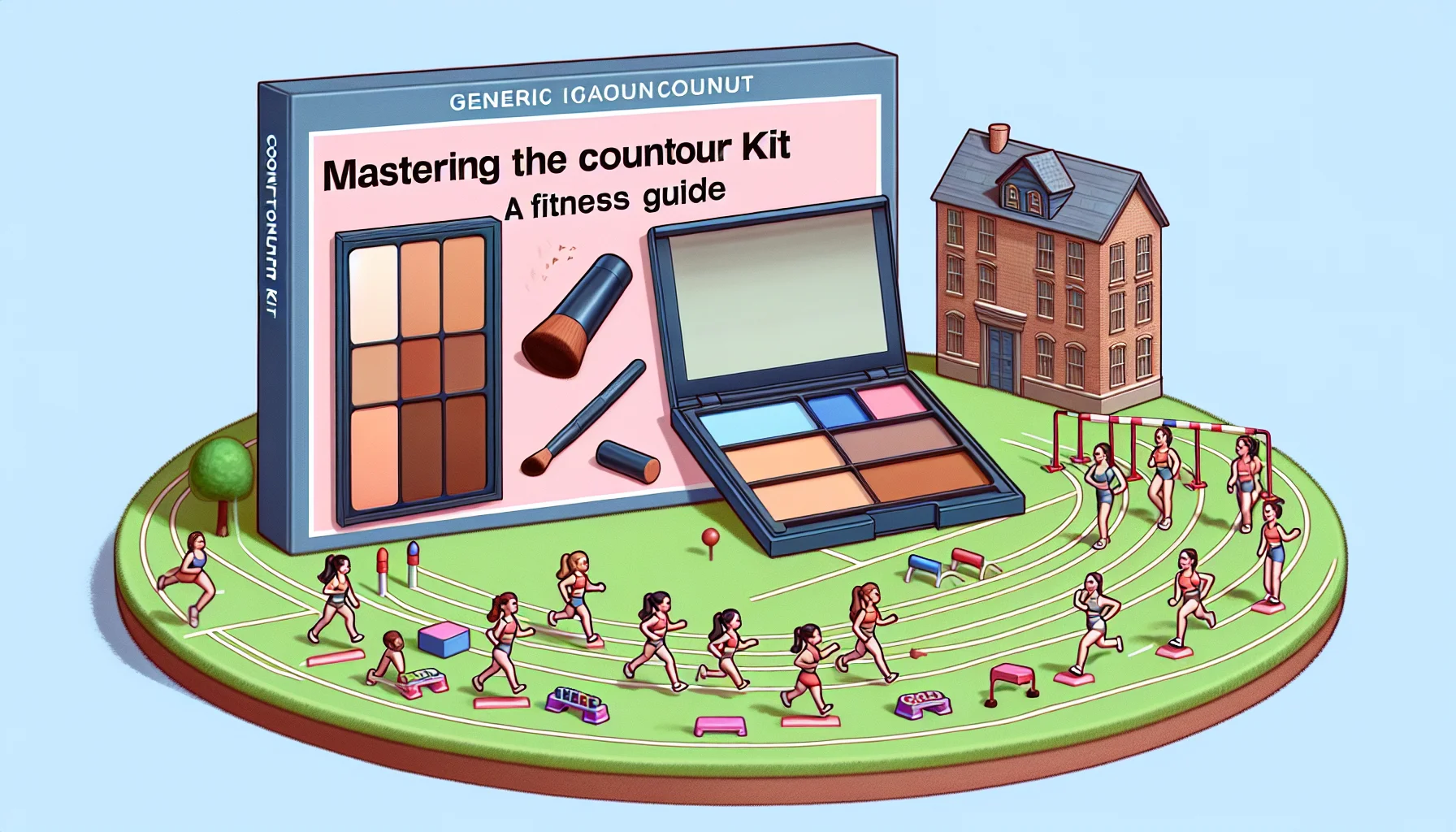 Construct a humorous scenario that encourages physical activity, using a generic makeup contour kit as the central element. Picture a scene where, rather than applying the kit to enhance facial features, people are playfully using it as lightweight exercise equipment. Create the contour kit realistically, demonstrating its palette with diverse shades, and present it in an amusing way, such as pathways for tiny toy runners or hurdles for miniature gymnasts. Finally, overlay the image with a guide titled: 'Mastering the Contour Kit: A Fitness Guide'.