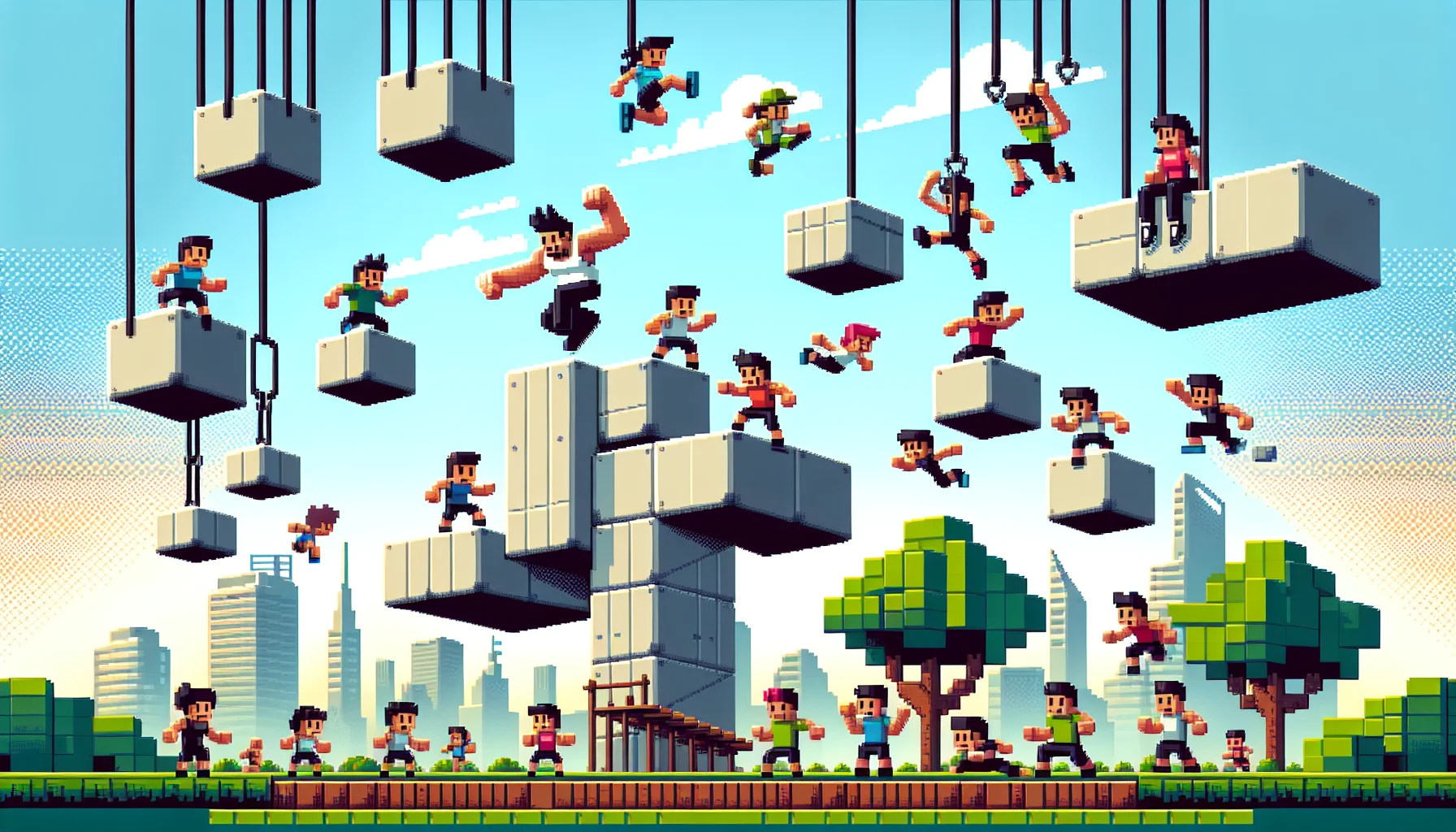 Create a humorous and captivating scene inspired by block-based video game mechanics that promote physical activity. The setting is a pixelated park with a variety of block platforms suspended in mid-air (of various heights and distances), symbolizing a parkour course. Characters crafted with pixels are enthusiastically engaged in this parkour challenge. Some characters are jumping from block to block, some are swinging from pixelated vines and others are teetering near the edges, creating funny moments. The characters are of varying genders and descents, such as Asian, Hispanic, Caucasian, and Black to encapsulate the universal appeal of physical exercise.