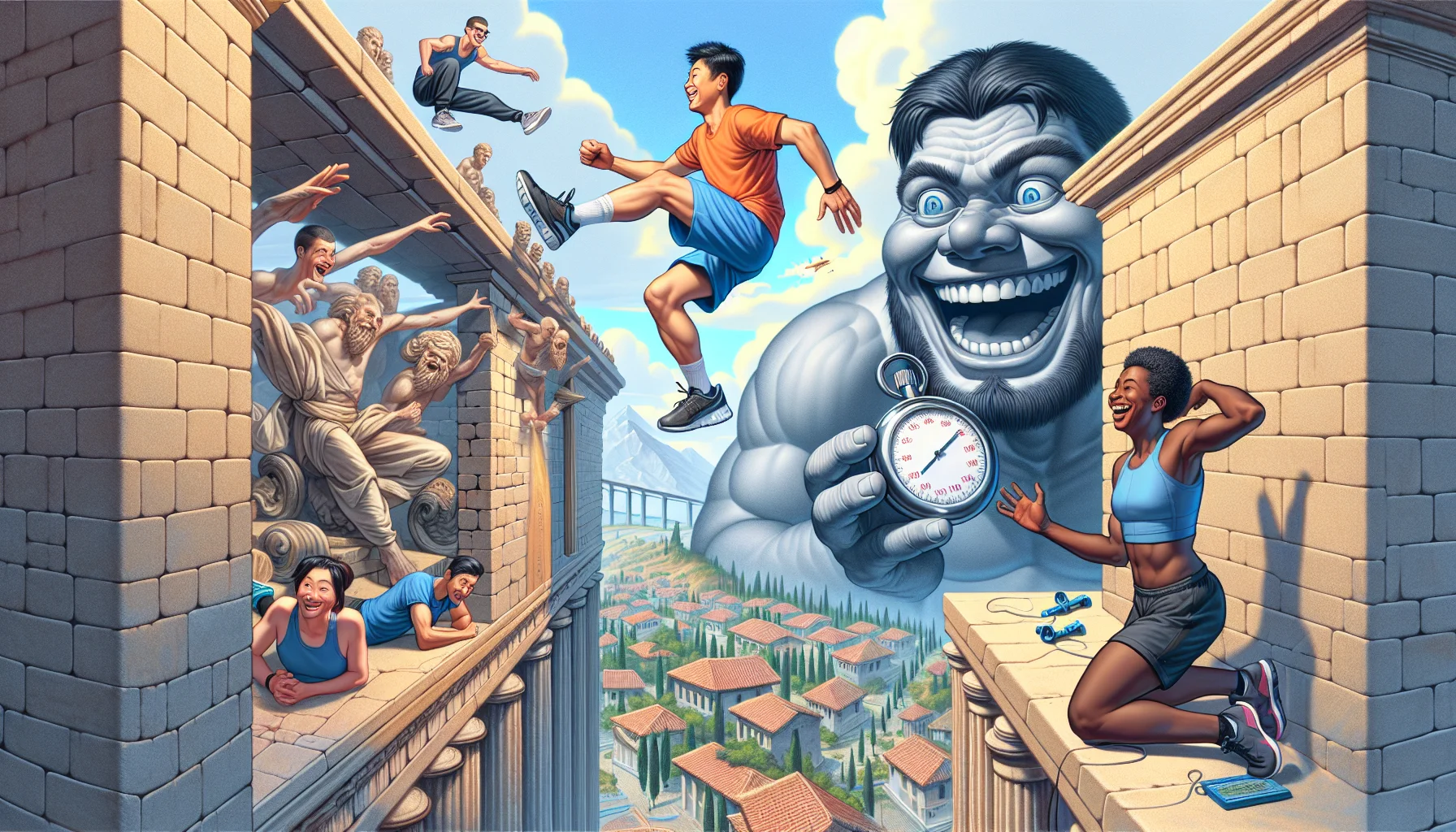Generate a comical image depicting a fantastical parkour scenario. In this scene, an East Asian male daredevil, transitioning from a wall run to a backflip above a yawning chasm. At the other end of the gap, a Black female athlete laughs cheerfully, preparing to initiate her jump. In the background, a giant, amused Cyclops watches them, holding an oversized stopwatch. This surreal parkour competition is happening in the heart of a bustling, mythical city that combines elements of ancient Greek architecture with modern parkour playground elements. This humorous picture encourages physical fitness and adventure.