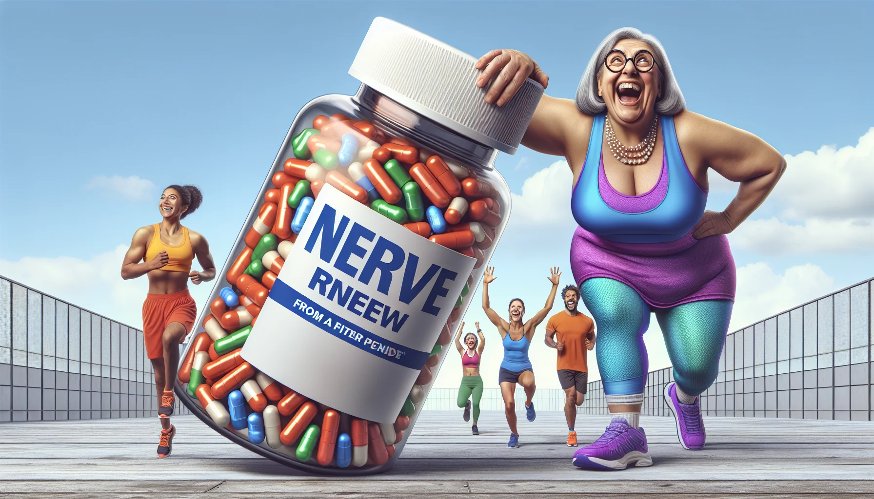 Create a humorous and engaging scenario that represents the topic 'Reviewing Nerve Renew from a Fitness Perspective'. The image should intrigue viewers to consider exercise and healthy lifestyles. Perhaps a fictional character, a fit middle-aged Hispanic woman, could be laughingly presenting a giant, exaggerated pill bottle labelled 'Nerve Renew' as if it was a fitness prize, while she's dressed in colourful athletic wear. A diverse group of people could be joyfully participating in different exercises in the background, like a South Asian man doing yoga, a Caucasian woman jogging, and a Black man lifting weights.