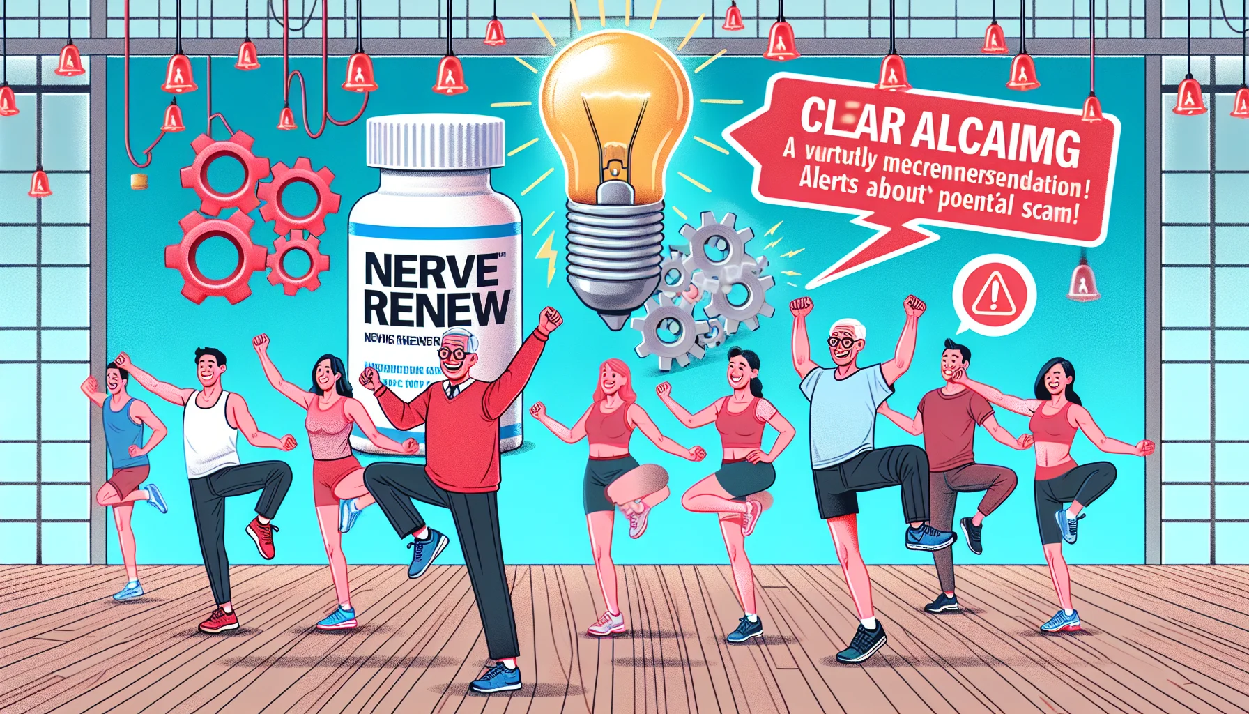 Design a humorous and realistic scenario that illustrates understanding of a product named Nerve Renew and alerts about potential scams. In the foreground, include a group of individuals exercising with jovial expressions. They should represent a balanced mix of genders and descents including Caucasian, Hispanic, and South-Asian. Incorporate elements that symbolize clear comprehension like light bulbs or gears. Also, subtly integrate red alarm bells or warning signs into the background to indicate scam alerts. The whole setting should refer to the product 'Nerve Renew' without showcasing anything suspicious or potentially fraudulent.