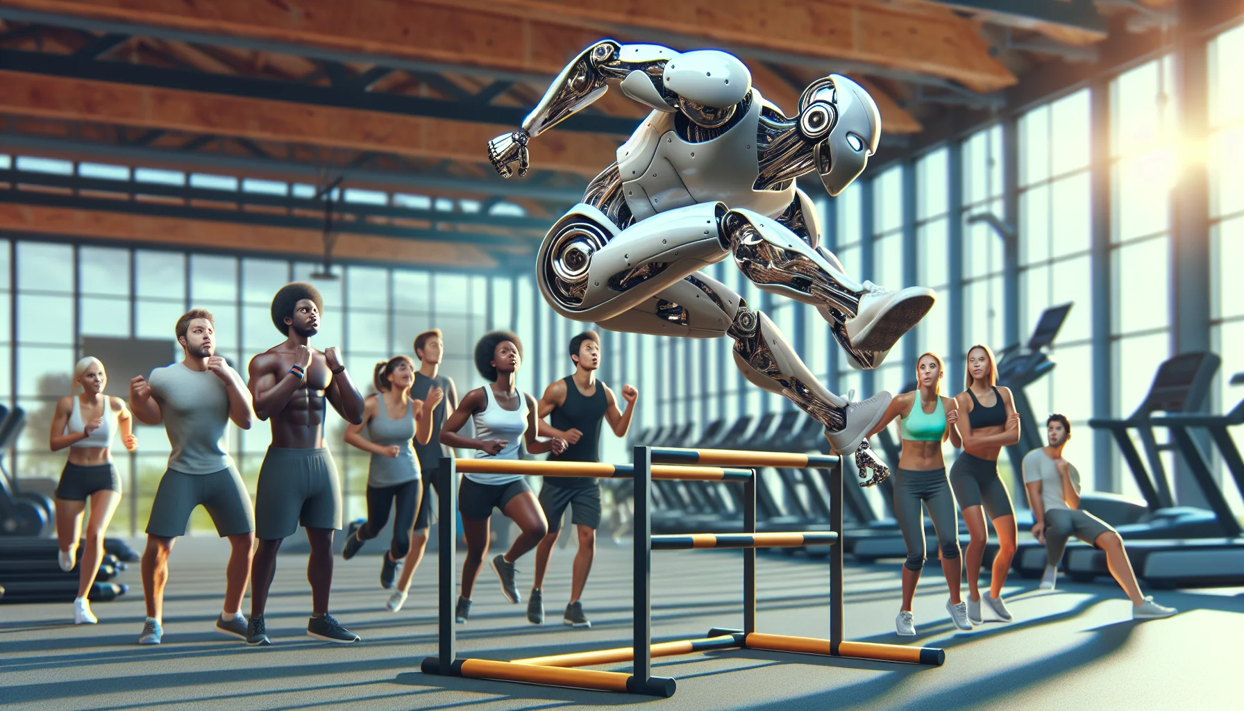Generate a humorous scene depicting an imaginative robot displaying heroic parkour abilities in a public area filled with workout equipment, with the intent of inspiring human observers around to partake in physical exercises. The robot can be shown jumping over hurdles, sliding under obstacles, and swiftly moving around with agility and precision. The human observers, comprising of a diverse mix of genders and descents such as Caucasian, Black, Hispanic, Middle-Eastern, and South Asian, display a wide range of emotions from shock and intrigue to amusement, reflecting their engagement in the robot's stunt-filled exhibition.