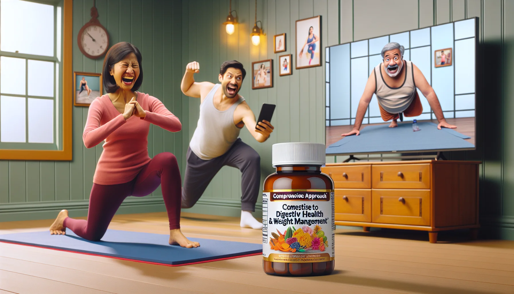 Create a humorous scene depicting an exercise scenario that links to digestive health and weight management. Show a product labeled 'Comprehensive Approach to Digestive Health & Weight Management'. In the scene, a South Asian woman is doing yoga on a colorful mat and next to her is a bottle of the product. The woman is laughing while in a challenging pose. In the background, a Caucasian man is attempting to follow along with a workout video on TV, but is comically out of sync. The bottle is strategically placed so that both individuals appear to be promoting it.