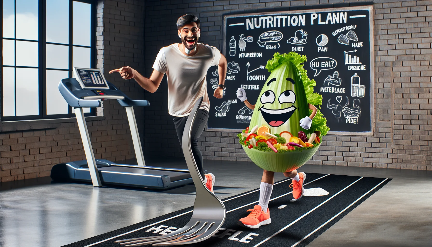 A humorous and enticing scene of a health and fitness journey with a generic nutrition program. A person of Caucasian descent, wearing neon running shoes, is jogging on the spot while holding a comically oversized fork with a large cartoon image of a salad at the end of it. The floor they're jogging on is a giant treadmill belt with the words 'Healthy Living' written along it. A South Asian descent coach is giggling while pointing at a blackboard covered in light-hearted hand-drawn illustrations and graphs showing the fun side of fitness, diet plan, and exercise.