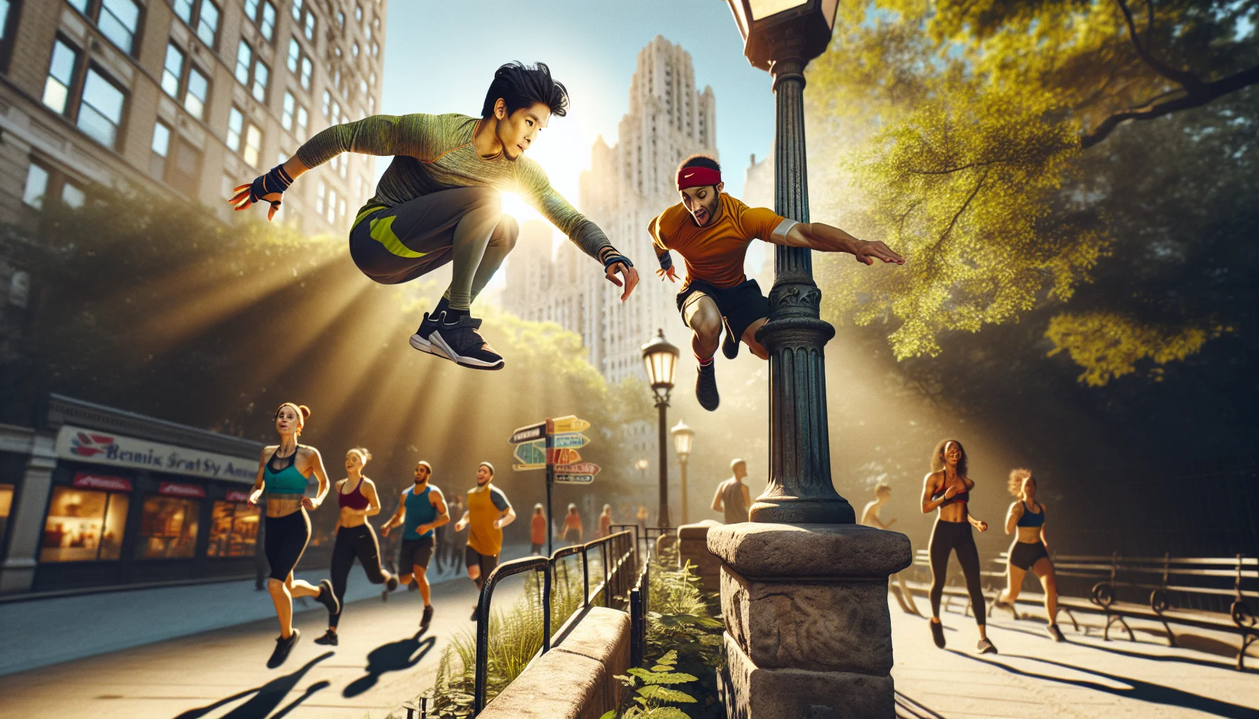 Imagine a bustling city park, bathed in warm sunlight. At the heart of the scene, monitor two athletes engrossed in performing parkour. One South Asian male, in mid-jump, traverses from an old stone wall to a rusted lamppost. His face is painted with sheer determination. Nearby, a Black female athlete is climbing a tree with agility and prowess, her laughter contagiously inspiring passersby. Their athletic gear is bright and colorful, adding a dash of cheer to the whole scenario. The scene inspires fun, laughter and underlines the joy of exercise. Spare no details in capturing the energy and essence of outdoor fitness.
