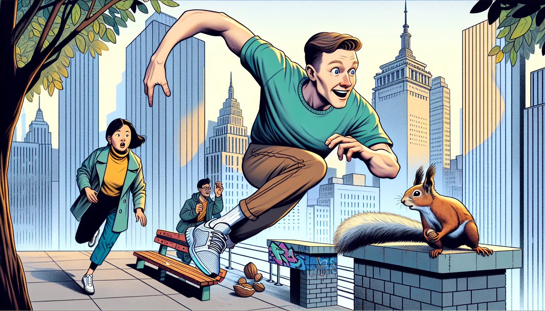 Create a realistic animated image featuring a humorous scenario to promote exercise through parkour. A man of Caucasian descent is seen leaping over an urban landscape, with aid of city structures like park benches and walls, almost tripping over a squirrel but managing to keep his balance. A woman of Asian descent is scaling a wall close by turning a surprised face to the man. The squirrel runs off, leaving behind a nut which becomes a comic focal point. Draw the animation in a lively and vividly colorful style to make exercise seem exciting and fun.
