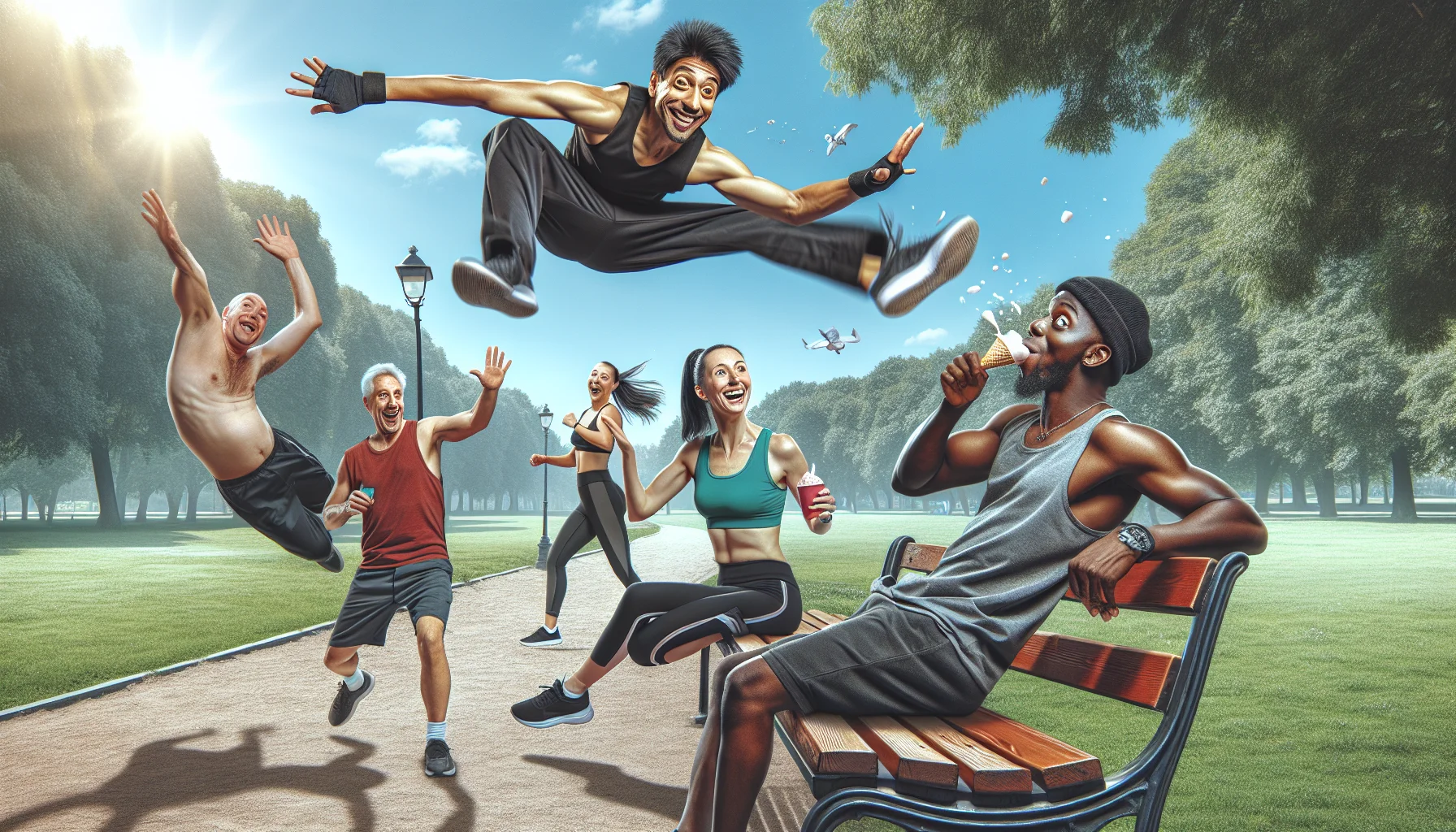Create an aesthetically appealing and humorous image that portrays a parkour scenario in a public place that promotes physical exercise. Showcase an energetic parkour enthusiast of South Asian descent with a jovial expression, performing an audacious flip over a park bench. Adding to the comedy, a Caucasian woman in sporty attire watches in awe, dropping her ice cream in surprise. A black man in jogging gear, laughs heartily on the side. Include a clear, blue sky and lush greenery of the park in the background, to give a lively and motivating atmosphere.
