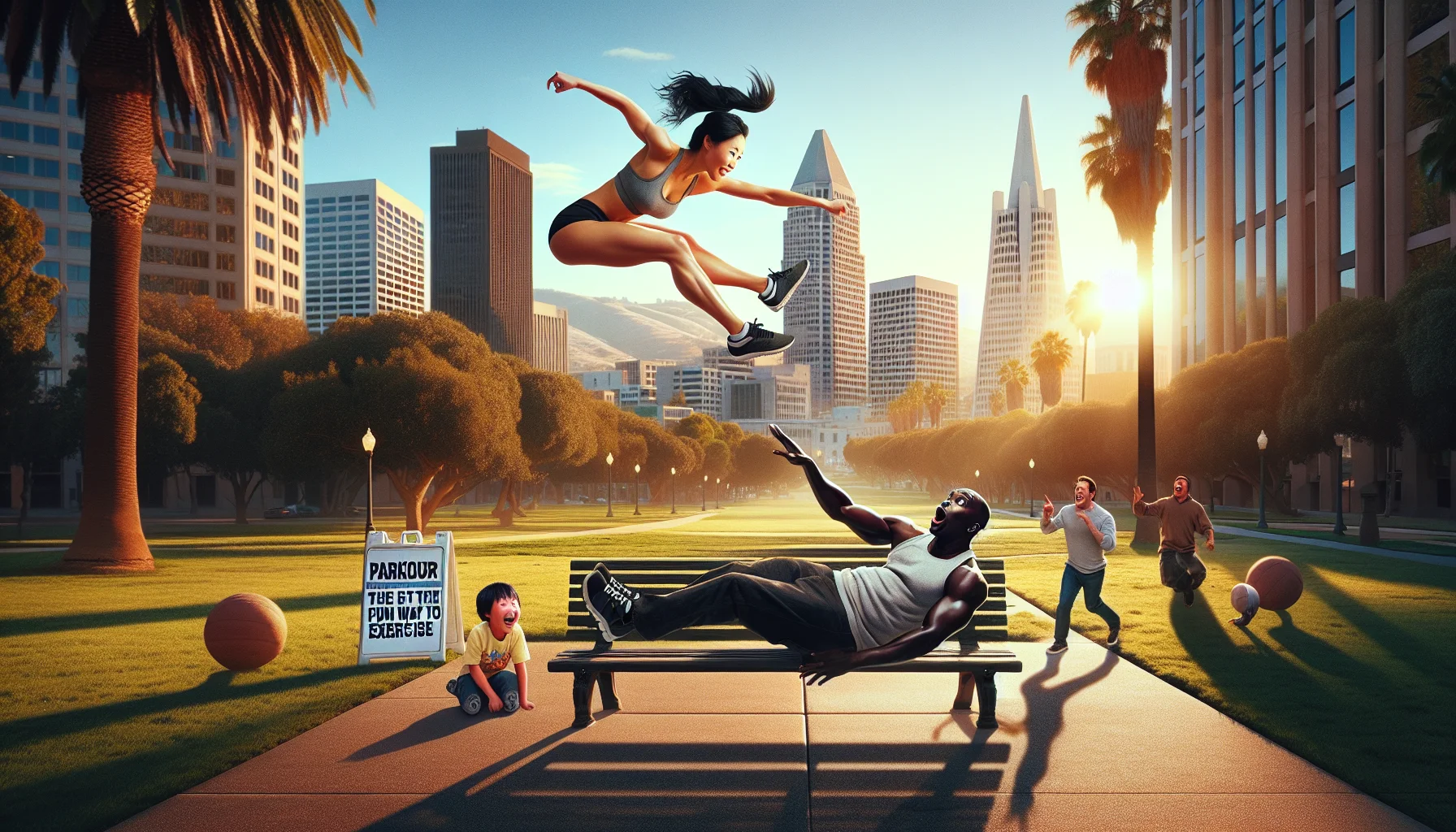 Generate a humorous, realistic image that promotes physical fitness through parkour. Picture a sunlit cityscape of San Jose, with its iconic skyscrapers, palm trees, and mountains visible in the background. In the foreground, a fit Asian female is seen vaulting over a park bench while an amused Black male tries to follow her example but ends up tripping over hilariously. Nearby, a laughing Middle-Eastern child points to a sign that says, 'Parkour: The Fun Way to Exercise'. The mood is light-hearted and signifies the joy and excitement of physical activity.