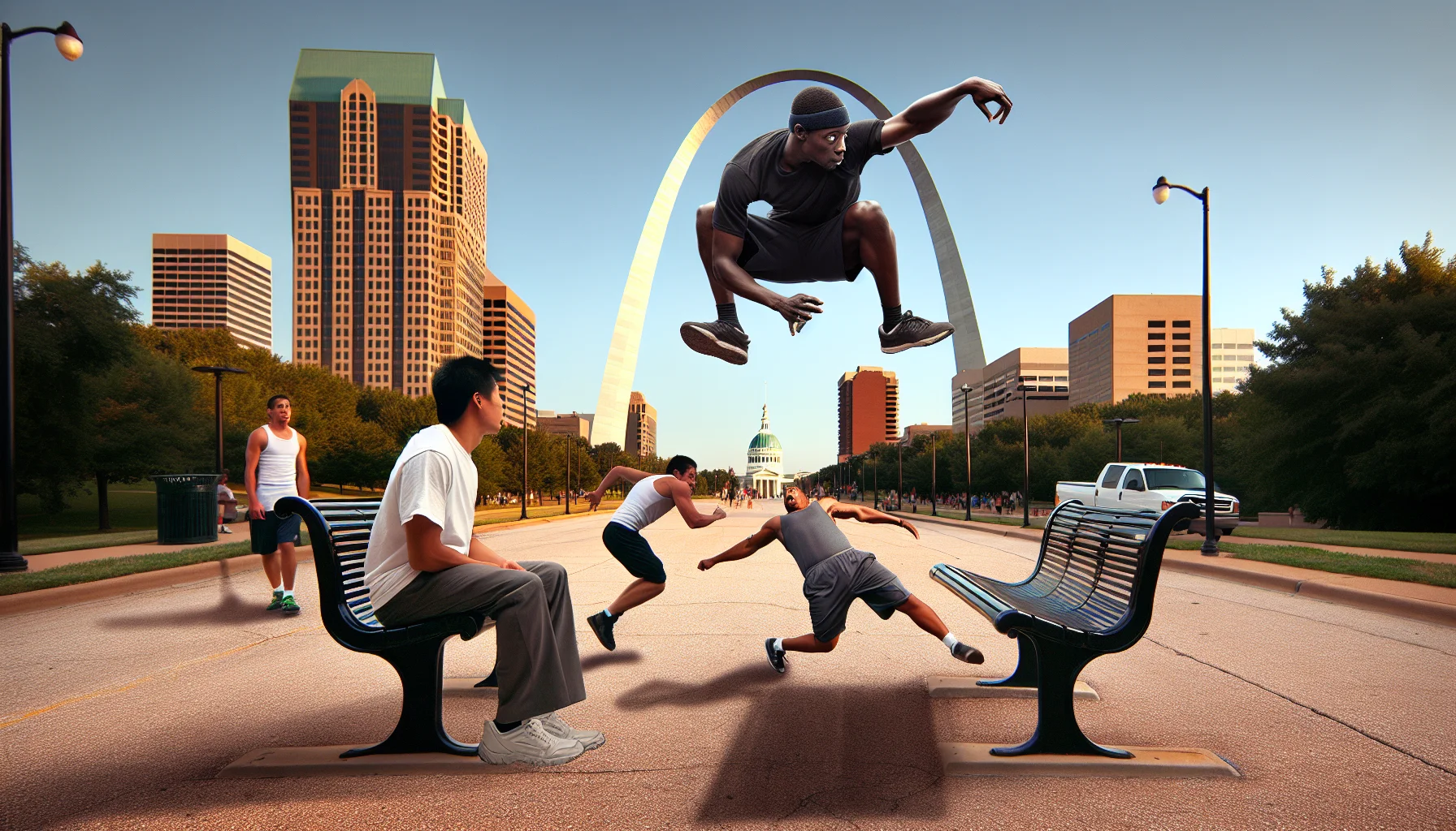 Generate a playful and humorous image capturing the spirit of parkour in an urban setting, specifically St. Louis, Missouri. The scene might include a person of Black descent nonchalantly leaping over a city bench, as if it were a usual part of their daily commute, while a confused onlooker of Hispanic descent tries to do the same in the background. The lofty Gateway Arch could be visible in the distance, suggesting the fun and fitness potential of the cityscape. Let this image encourage viewers to engage in exercise and physical fitness.