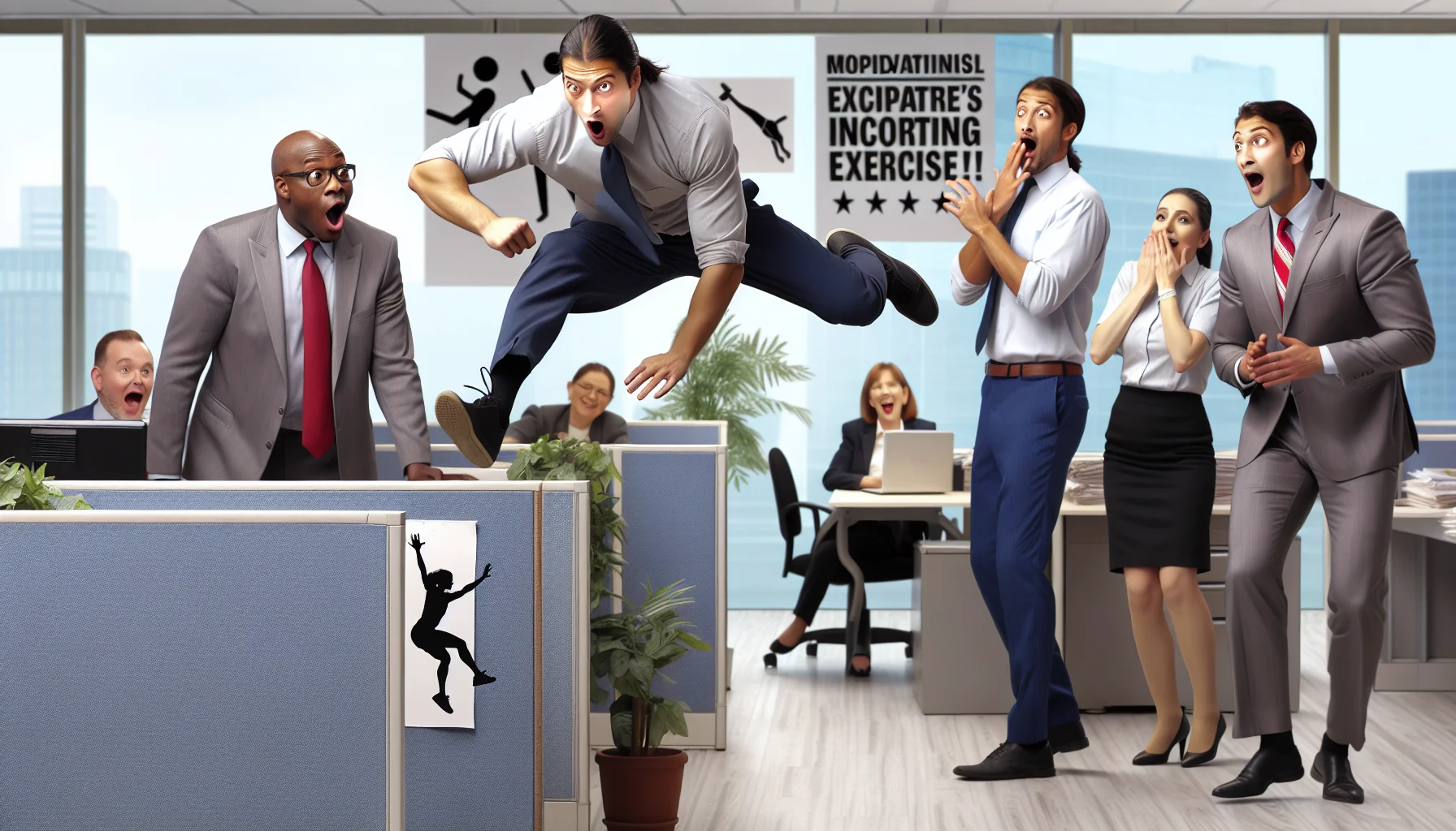 Generate a detailed and vibrant image showing an unexpected situation in a corporate office setting. A male South Asian employee, agile and fit, is practising parkour by vaulting over cubicles and skilfully bounding against walls much to the surprise of his co-workers. Among the spectators, a middle-aged Caucasian woman, her gaping mouth revealing astonishment; a black man chuckling with amusement; and a Hispanic woman, with a bemused expression. They are in work attire. The scene should be light-hearted and humorous, subtly promoting the idea of incorporating exercise into daily life. Minimalistic motivational posters encouraging activity in the background would add to the intended message.