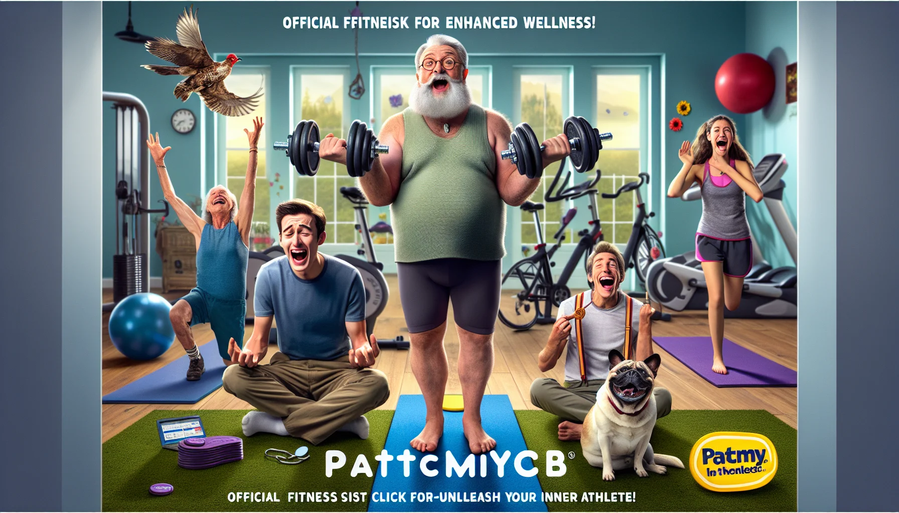 A humorous promotional image for a fictional wellness company called PatchMyCB. The image features a mismatched ensemble of unlikely fitness enthusiasts: a robust elderly man lifting a surprisingly heavy dumbbell, a skinny teenager attempting yoga, a casually dressed young woman laughing as she tries to ride a stationary bike, and a dog attempting to catch a frisbee mid-air. The backdrop is a brightly lit gym environment, filled with exercise equipment. A bold tagline reads 'PatchMyCB: Official Fitness Click for Enhanced Wellness - Unleash Your Inner Athlete!'