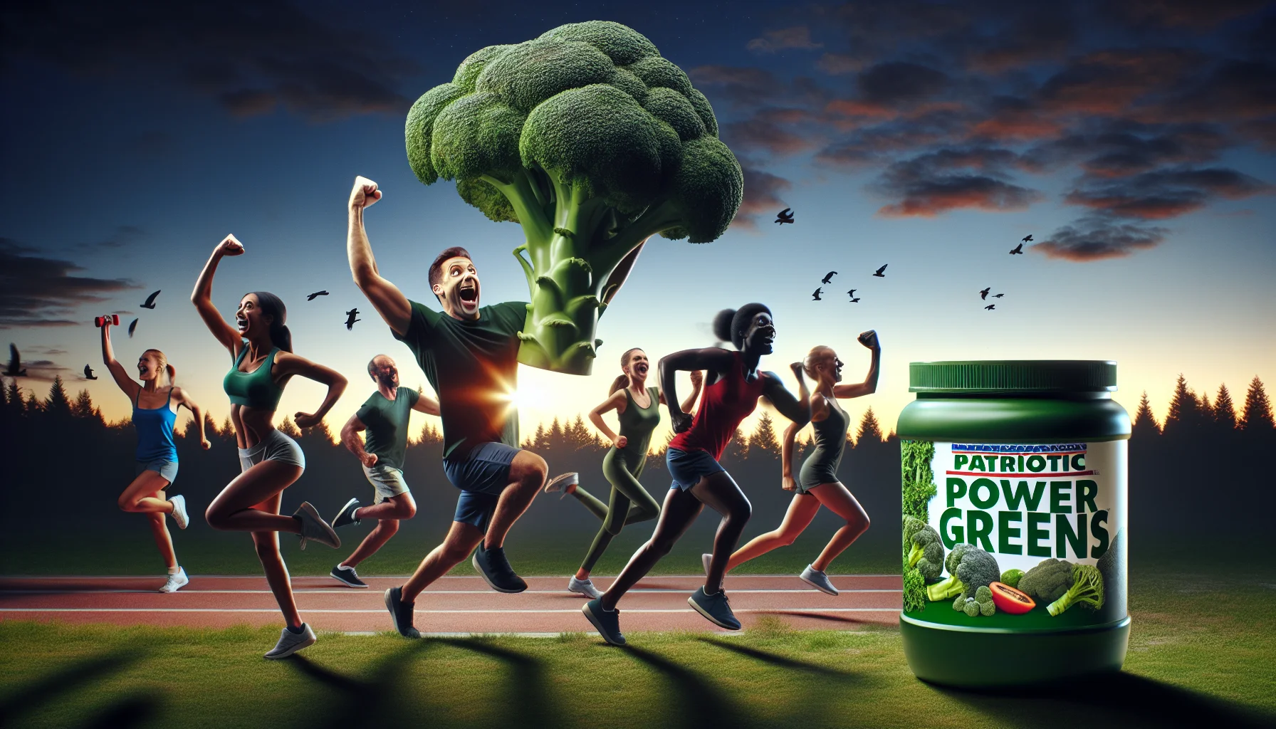 Picture a hilarious scenario to promote 'Patriotic Power Greens: Diet Essentials for Fitness Lovers'. Avert from realistic human individuals jubilantly exercising outdoors. One individual, a Caucasian male, might be attempting an amusingly exaggerated yoga pose, while another, a Black female, might be using a giant broccoli as a dumbbell. Their expressions are joyful and encouraging. The product, a green-colored container labeled 'Patriotic Power Greens', is visibly prominent. Silhouetted against a twilight sky, a group of diverse people in the distant background could be shown briskly racing with oversized fruits and vegetables. The image scream fun, fitness, and health at the same time.