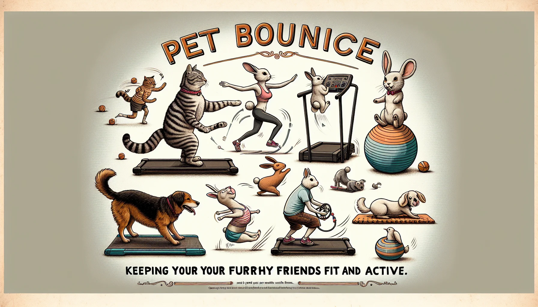 Generate a lively and humorous image that shows a range of different animals actively engaging in exercise as a promotion for 'Pet Bounce'. It includes a cat doing yoga, a dog playing fetch energetically, a rabbit hopping on a small treadmill, and a bird standing on an exercise ball. The animals are portrayed having fun, their bodies fit, illustrating an invitation for people to exercise and enjoy healthiness. The words 'Pet Bounce: Keeping Your Furry Friends Fit and Active' are featured prominently yet elegantly in the image, spurring people and their pets towards activity and fitness.